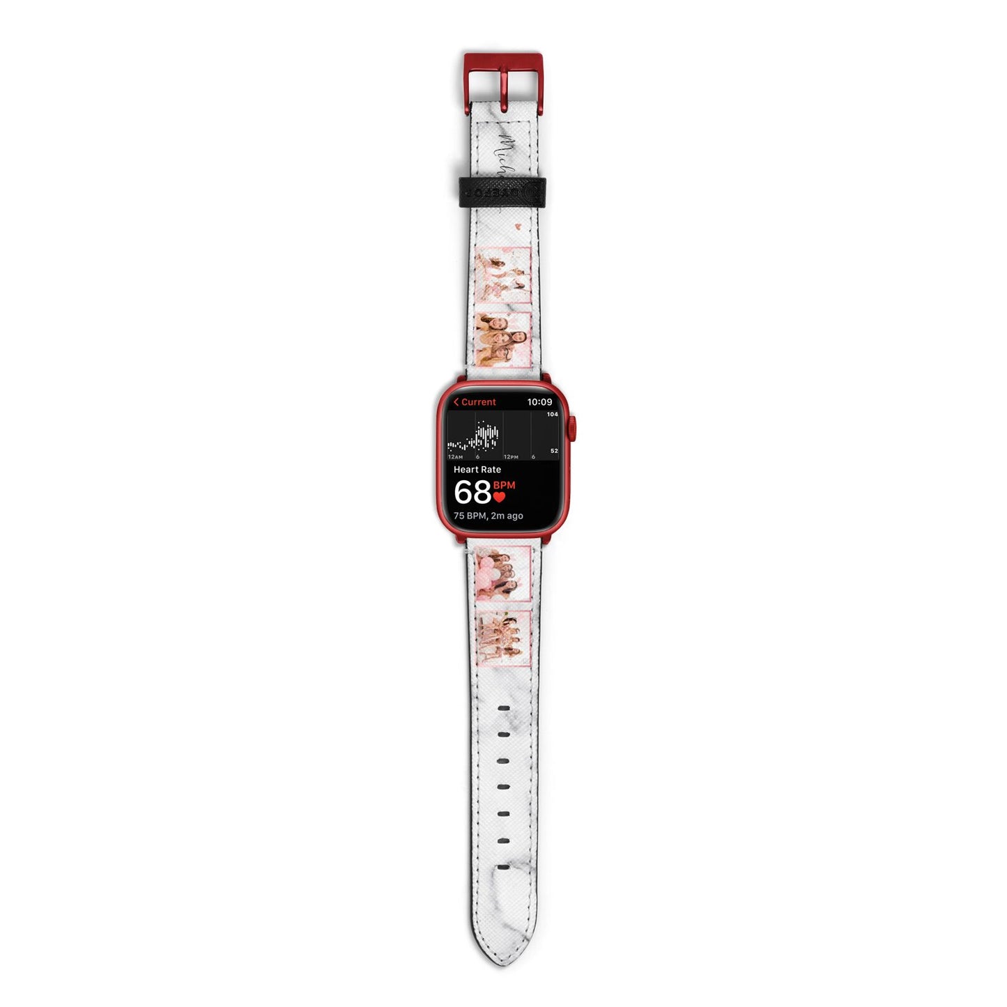 Marble Photo Strip Personalised Apple Watch Strap Size 38mm with Red Hardware