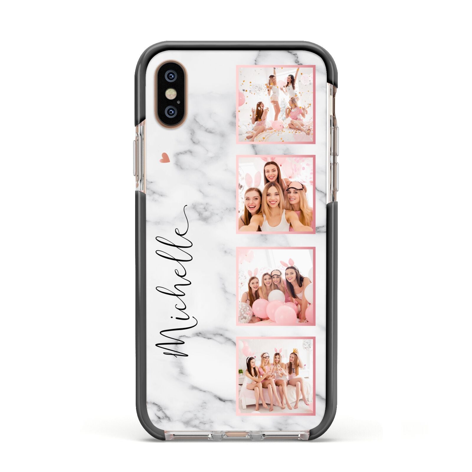 Marble Photo Strip Personalised Apple iPhone Xs Impact Case Black Edge on Gold Phone