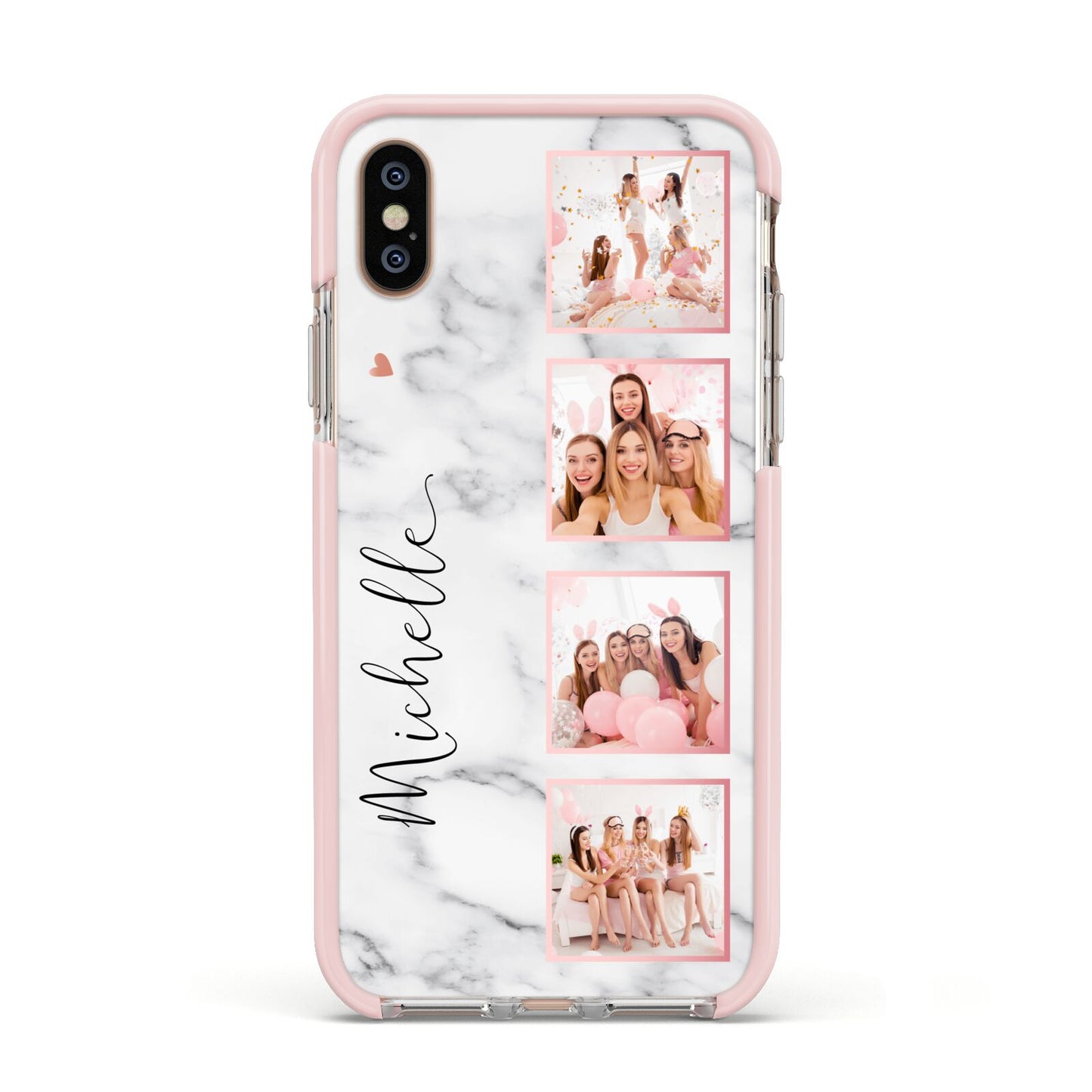 Marble Photo Strip Personalised Apple iPhone Xs Impact Case Pink Edge on Gold Phone