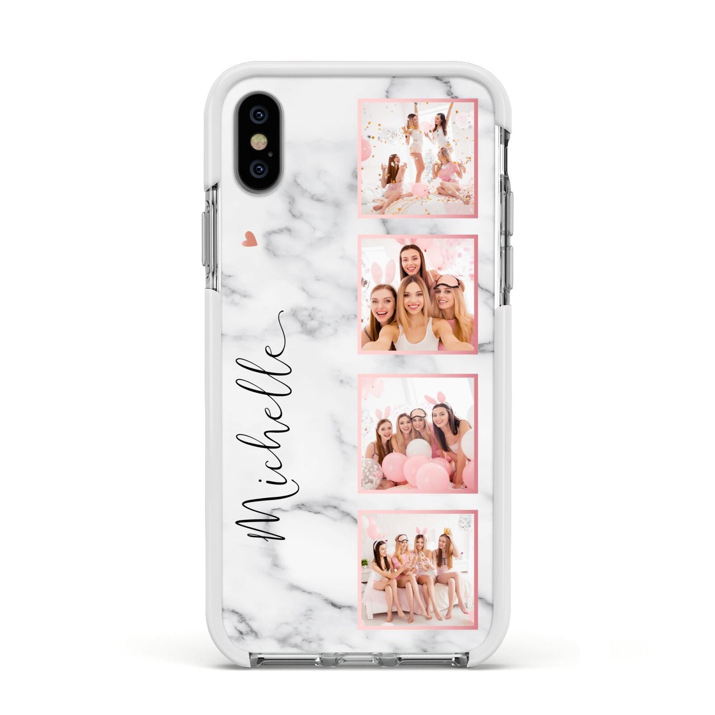 Marble Photo Strip Personalised Apple iPhone Xs Impact Case White Edge on Silver Phone