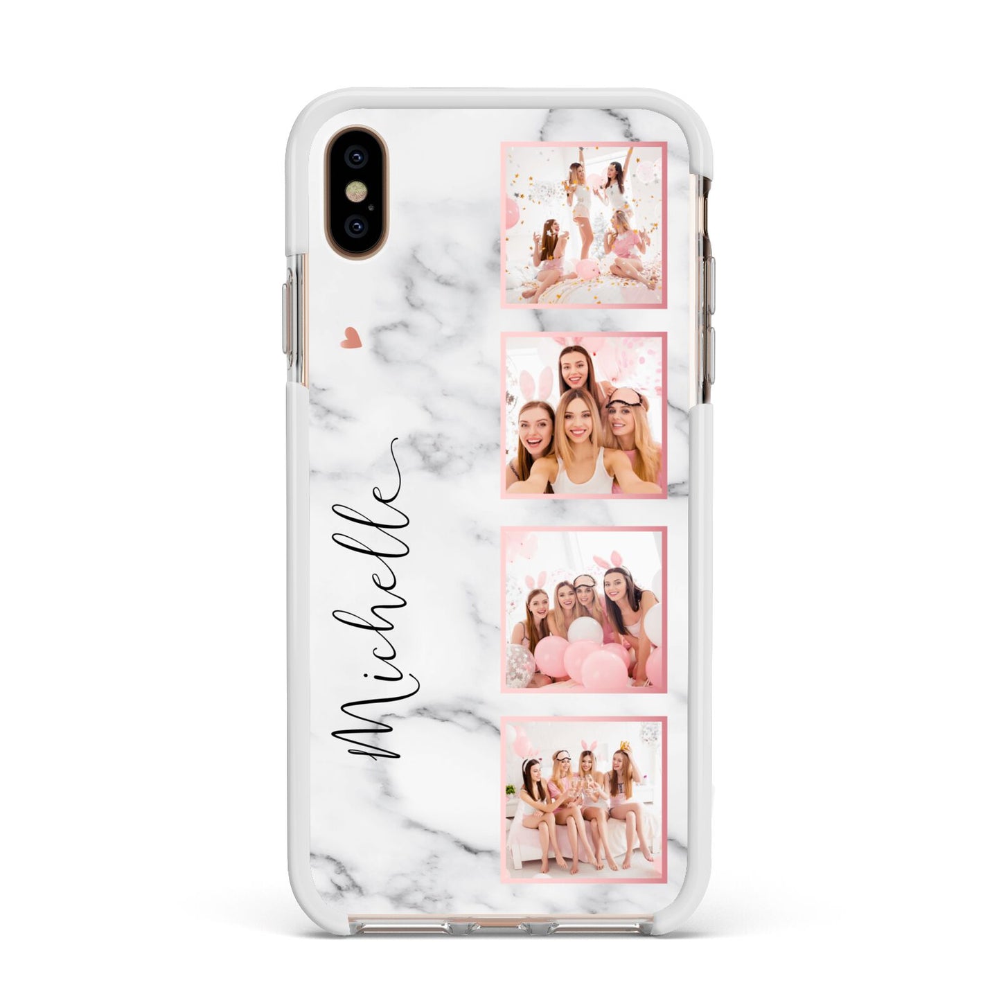 Marble Photo Strip Personalised Apple iPhone Xs Max Impact Case White Edge on Gold Phone