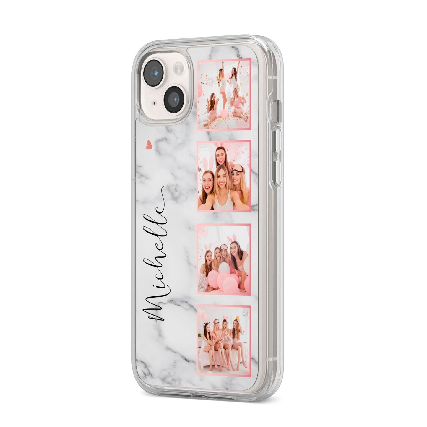 Marble Photo Strip Personalised iPhone 14 Plus Clear Tough Case Starlight Angled Image