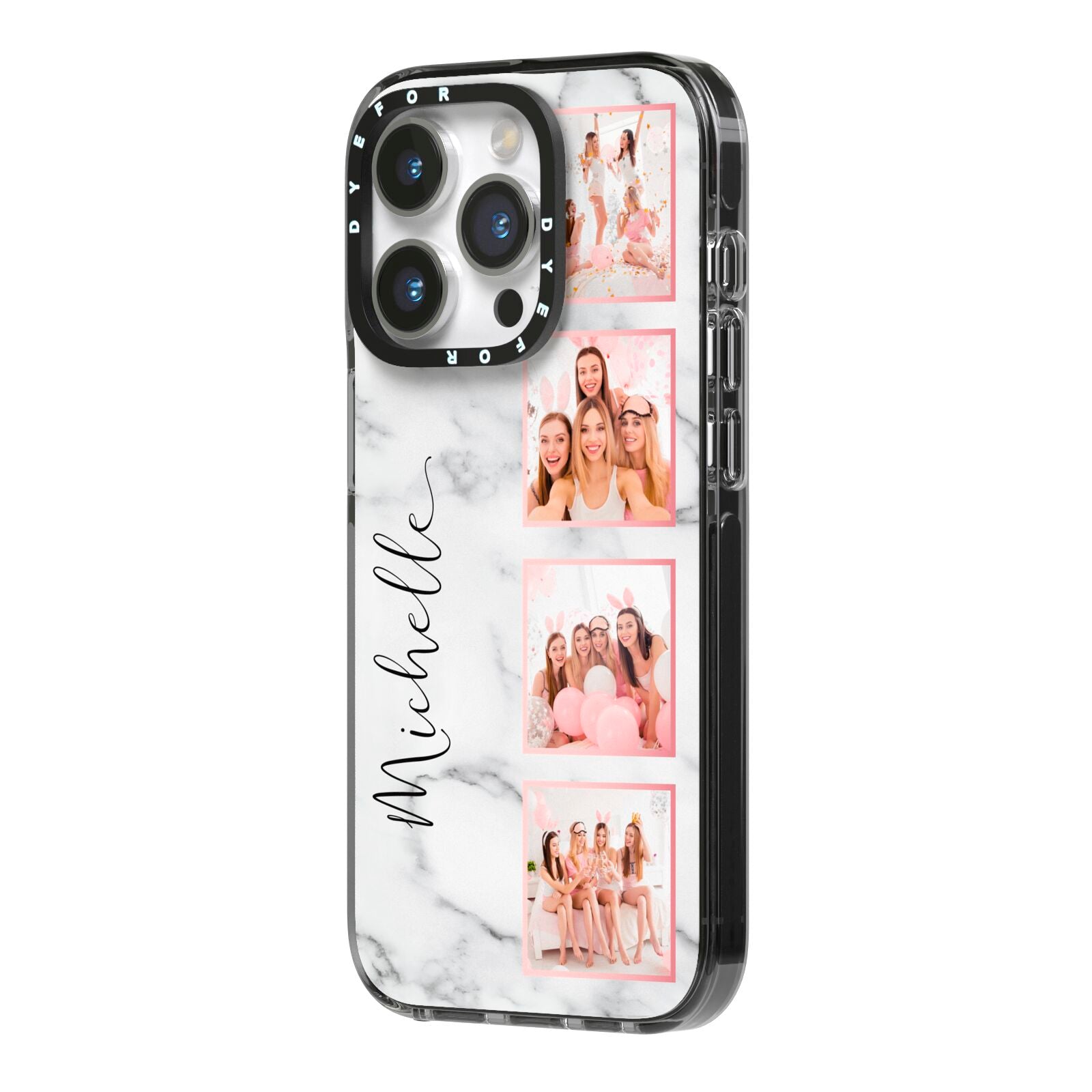 Marble Photo Strip Personalised iPhone 14 Pro Black Impact Case Side Angle on Silver phone