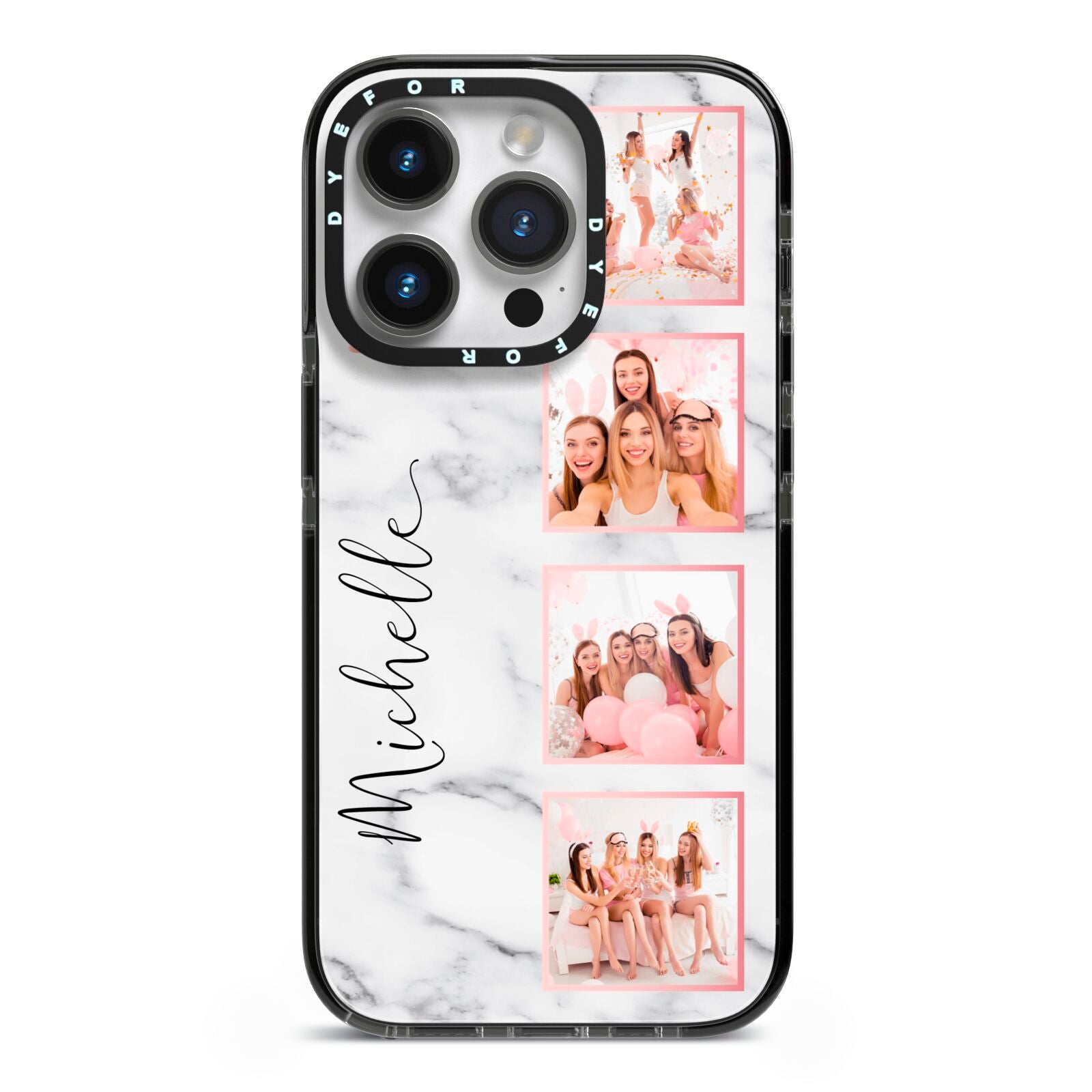 Marble Photo Strip Personalised iPhone 14 Pro Black Impact Case on Silver phone