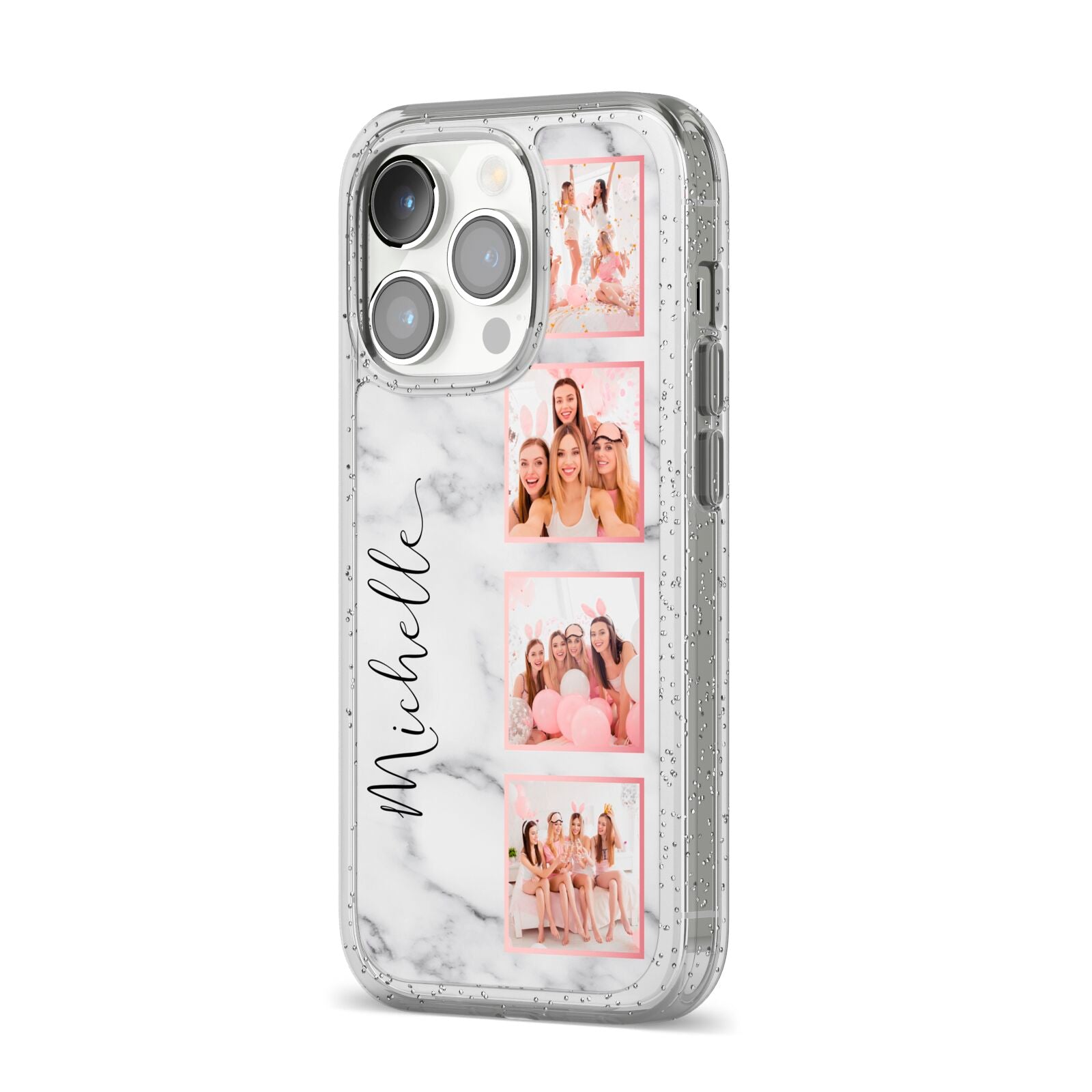 Marble Photo Strip Personalised iPhone 14 Pro Glitter Tough Case Silver Angled Image