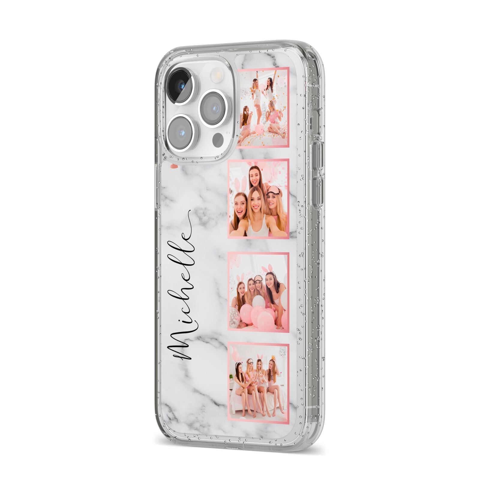 Marble Photo Strip Personalised iPhone 14 Pro Max Glitter Tough Case Silver Angled Image