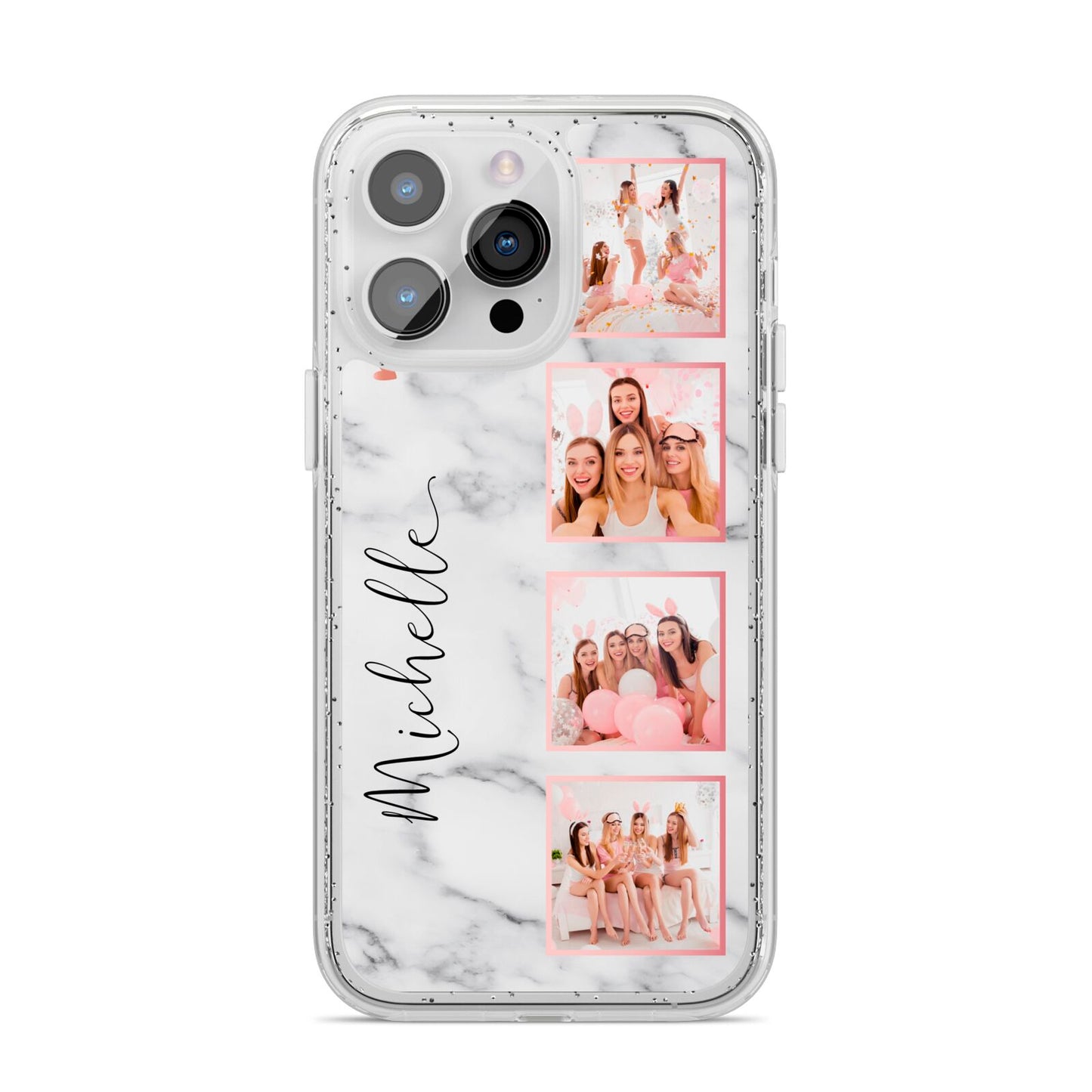 Marble Photo Strip Personalised iPhone 14 Pro Max Glitter Tough Case Silver