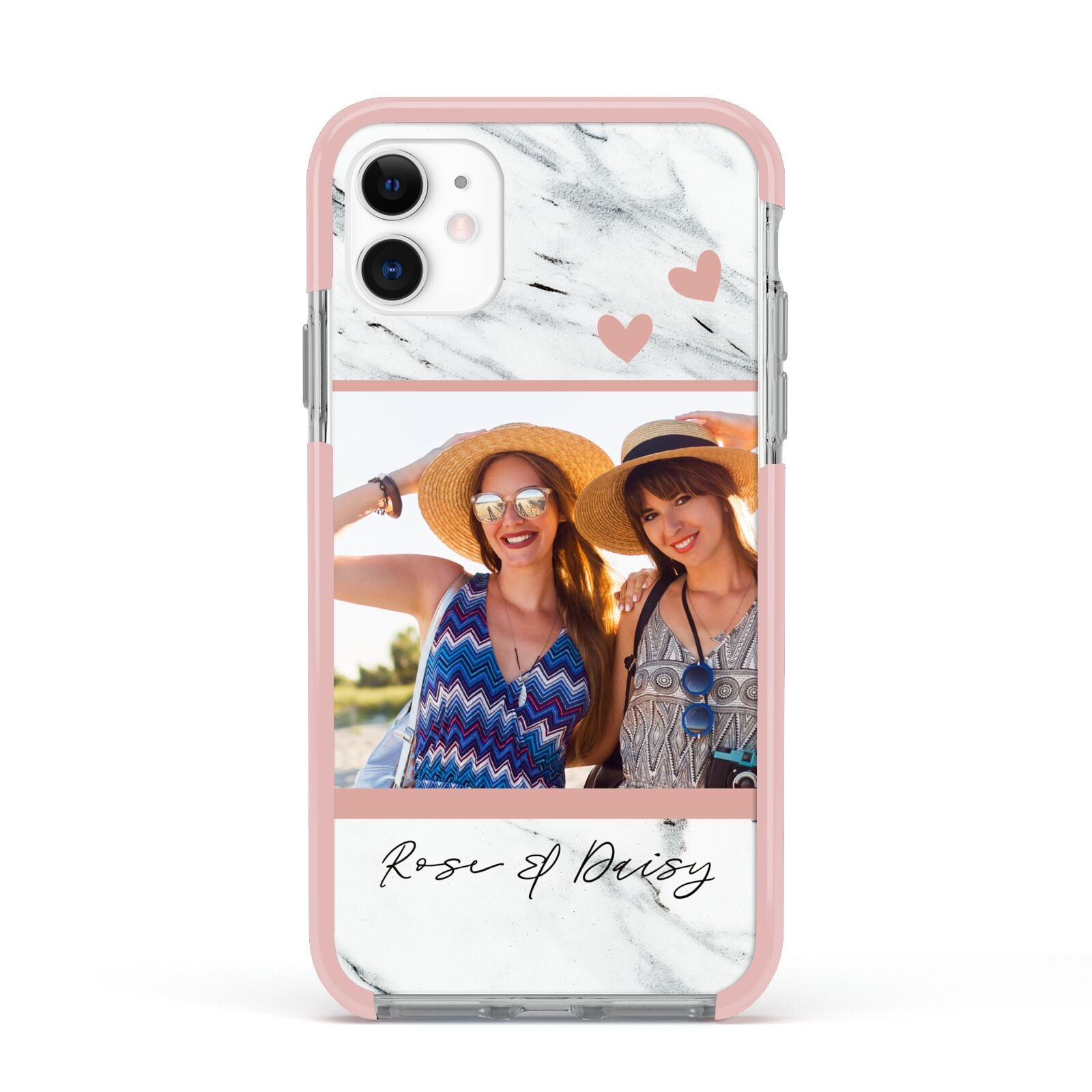 Marble Photo Upload with Text Apple iPhone 11 in White with Pink Impact Case