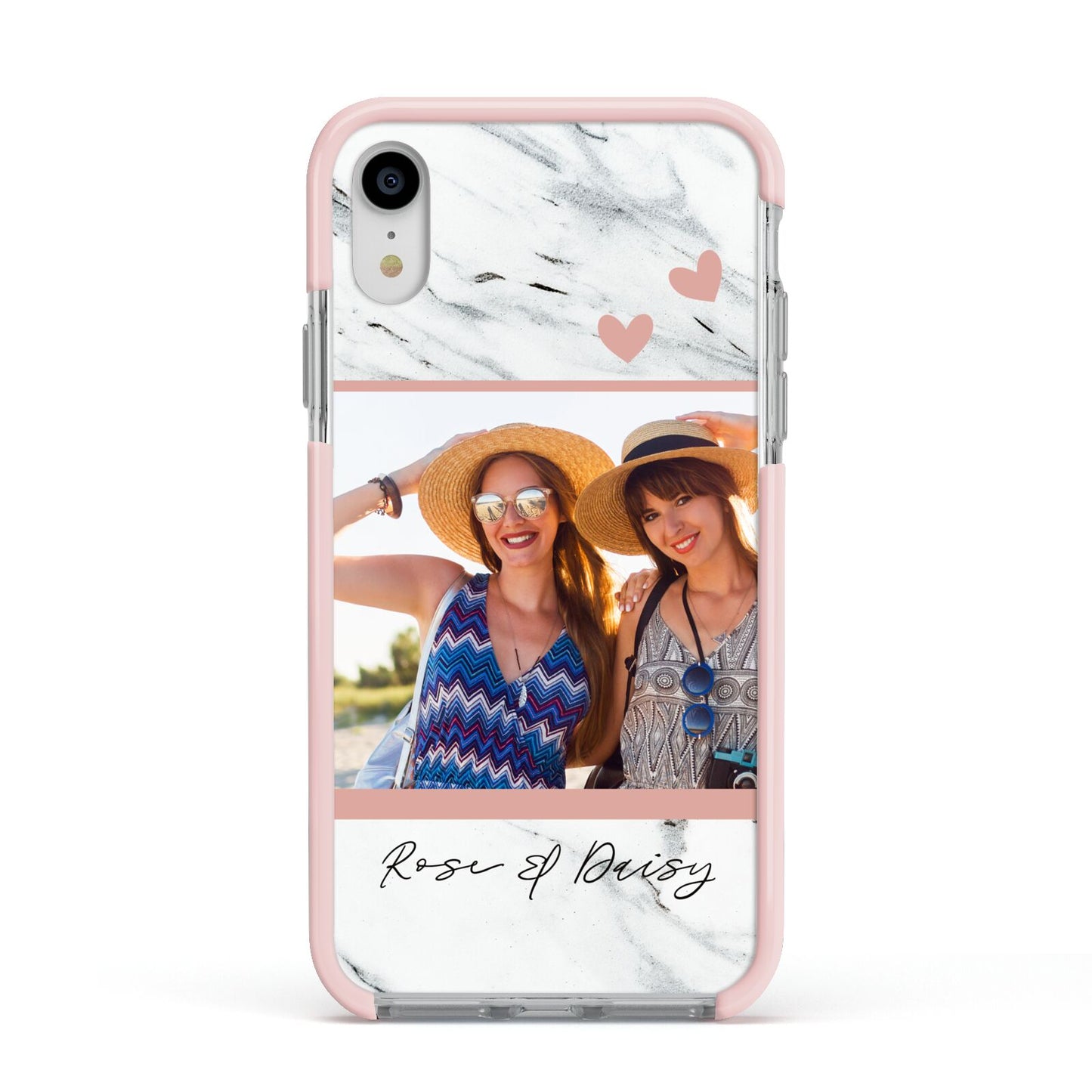 Marble Photo Upload with Text Apple iPhone XR Impact Case Pink Edge on Silver Phone