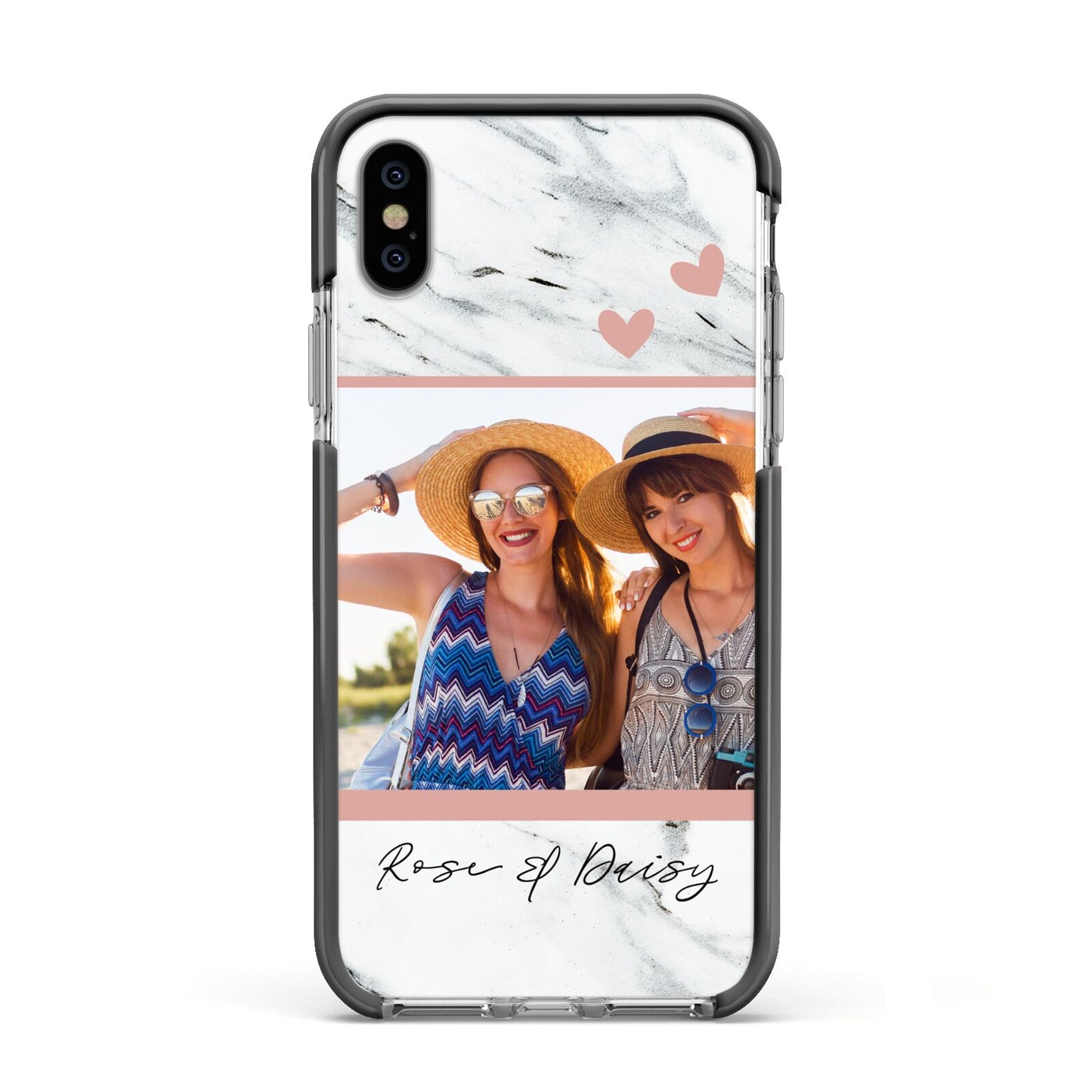 Marble Photo Upload with Text Apple iPhone Xs Impact Case Black Edge on Silver Phone