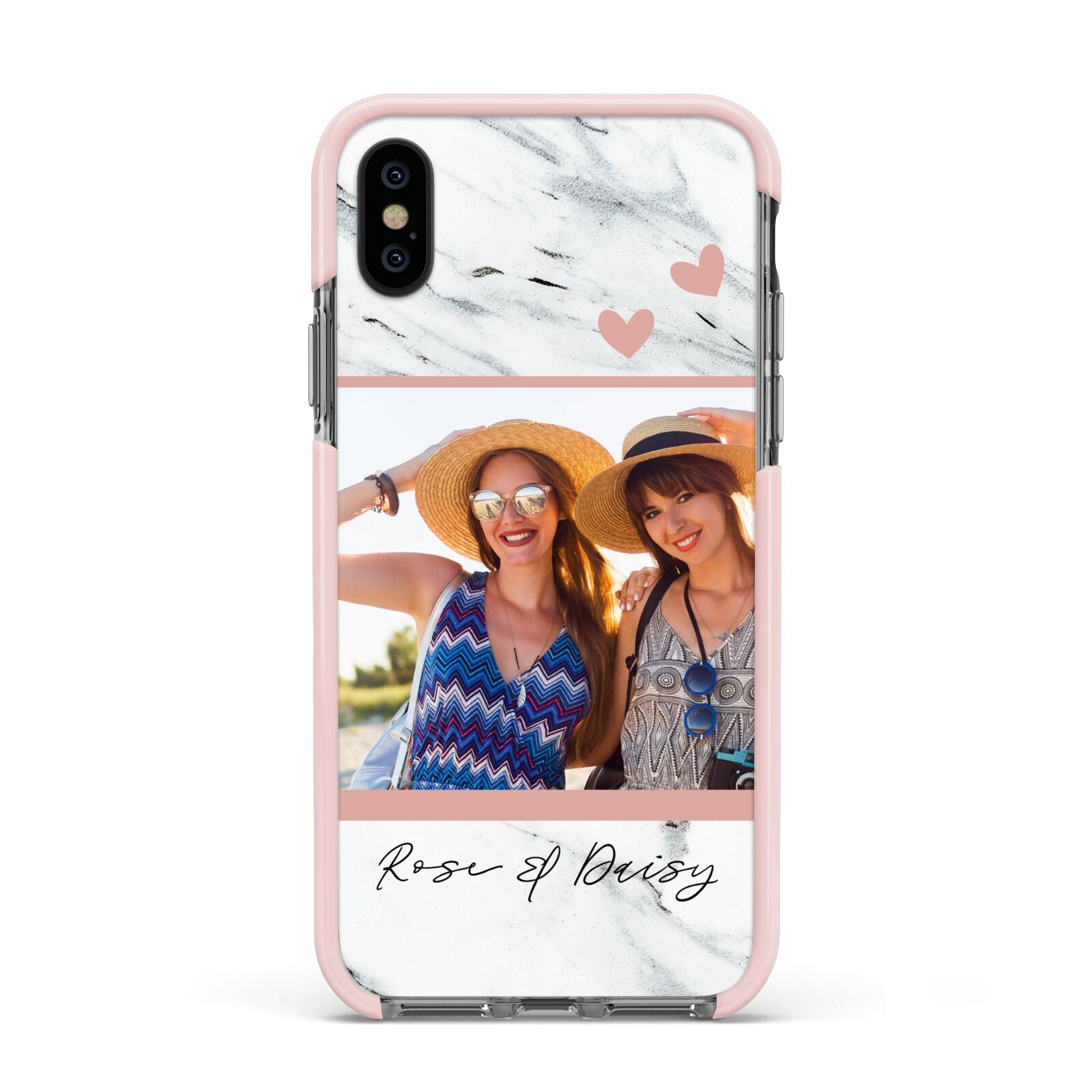 Marble Photo Upload with Text Apple iPhone Xs Impact Case Pink Edge on Black Phone