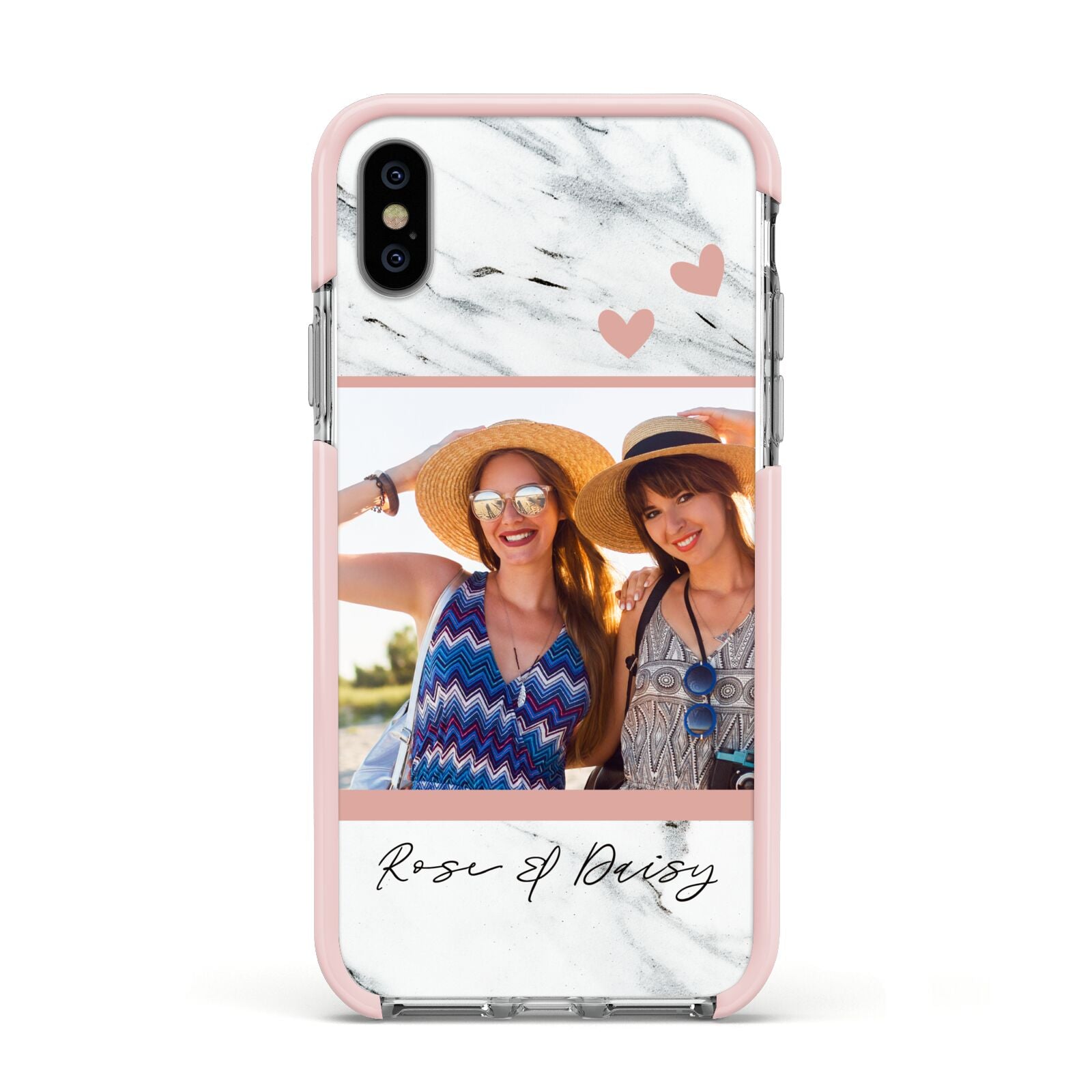 Marble Photo Upload with Text Apple iPhone Xs Impact Case Pink Edge on Silver Phone