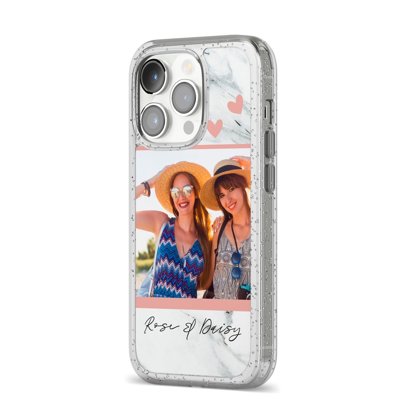Marble Photo Upload with Text iPhone 14 Pro Glitter Tough Case Silver Angled Image