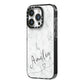 Marble with Custom Name iPhone 14 Pro Black Impact Case Side Angle on Silver phone
