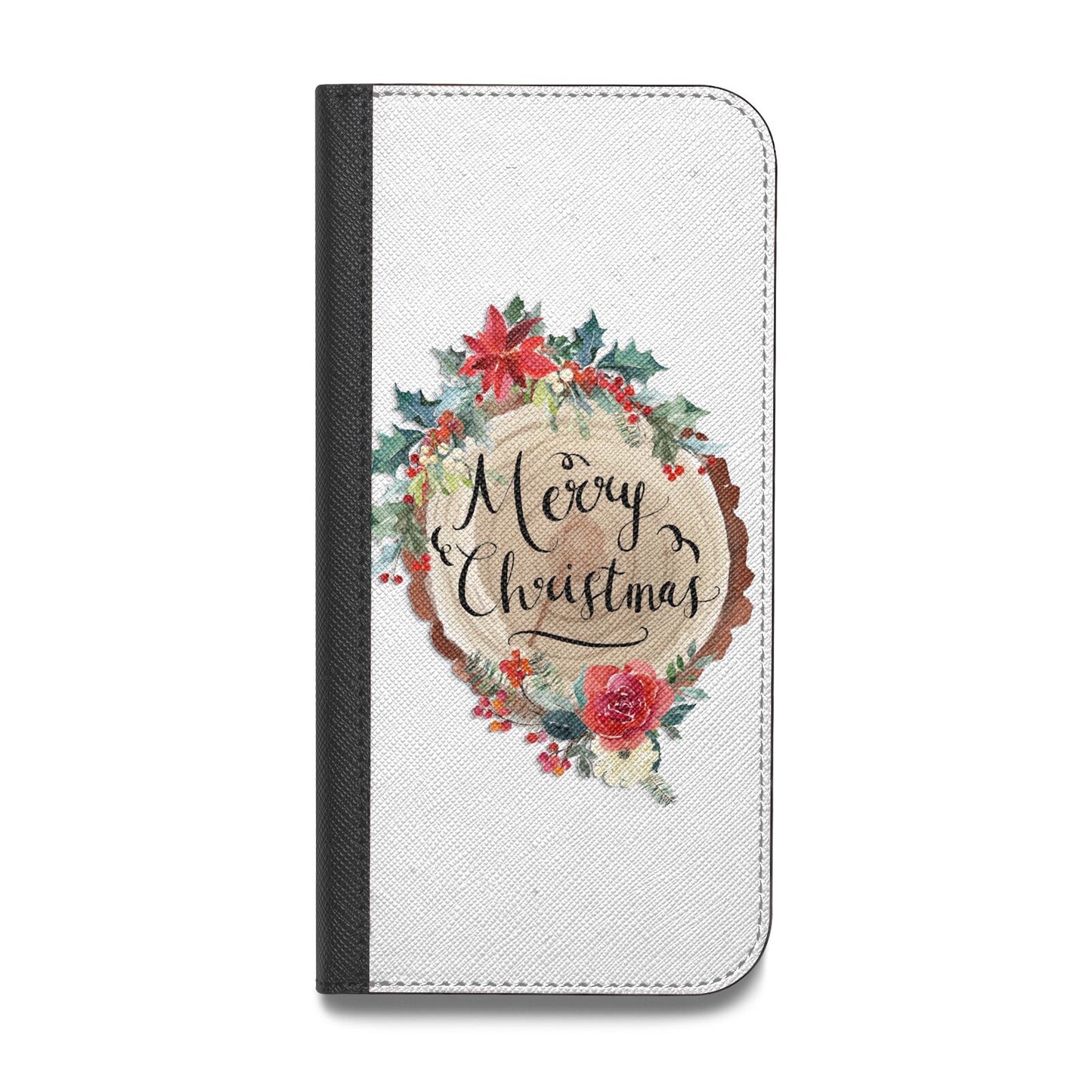 Merry Christmas Log Floral Vegan Leather Flip iPhone Case