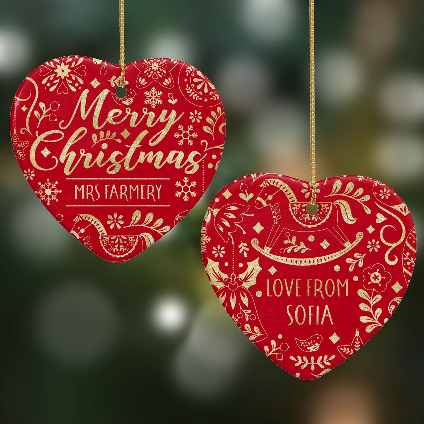Merry Christmas Teacher Personalised Heart Decoration on Christmas Background