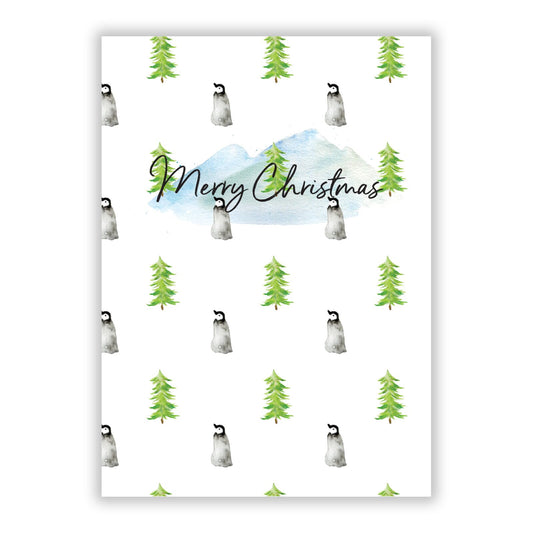 Merry Christmas Trees and Penguin A5 Flat Greetings Card