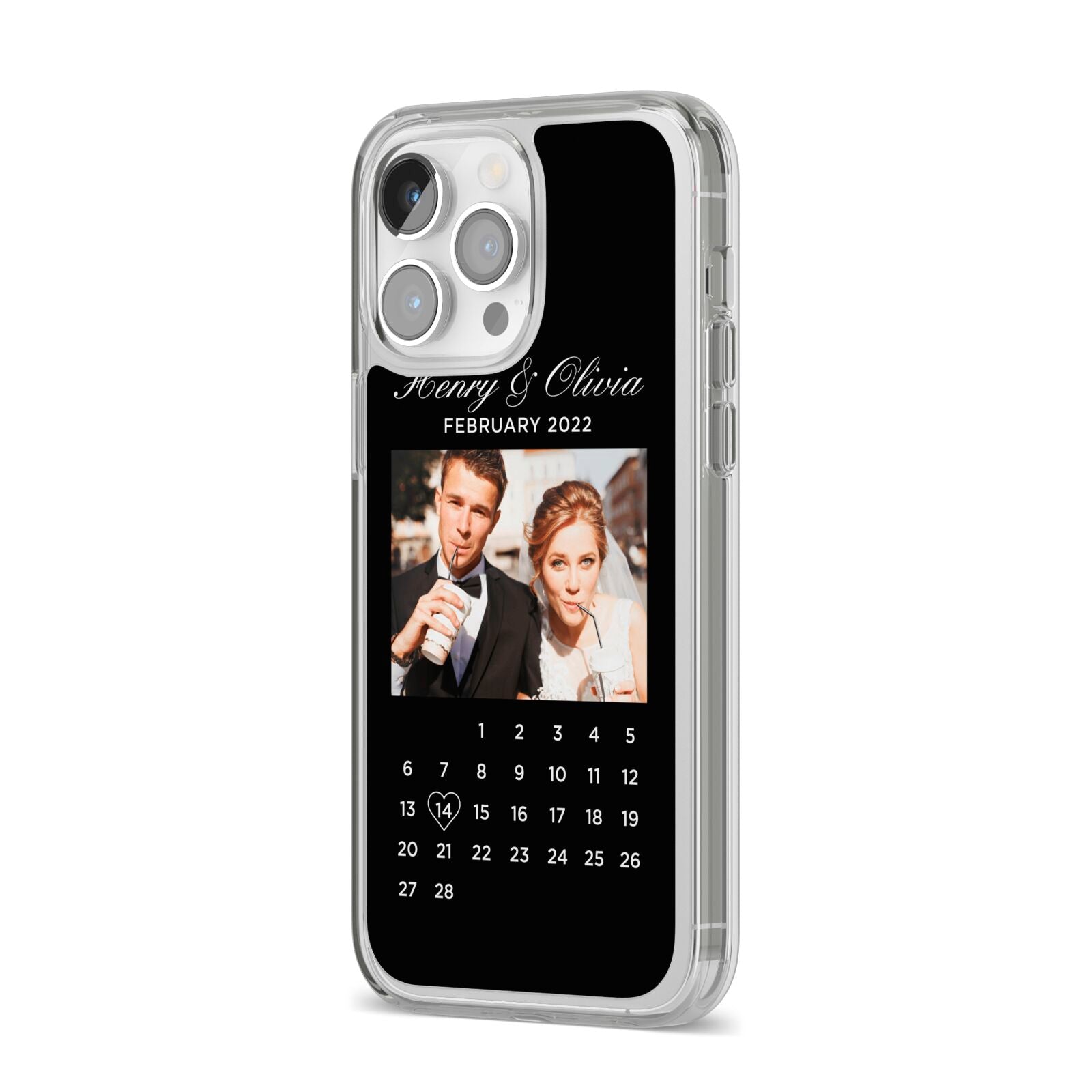 Milestone Date Personalised Photo iPhone 14 Pro Max Clear Tough Case Silver Angled Image