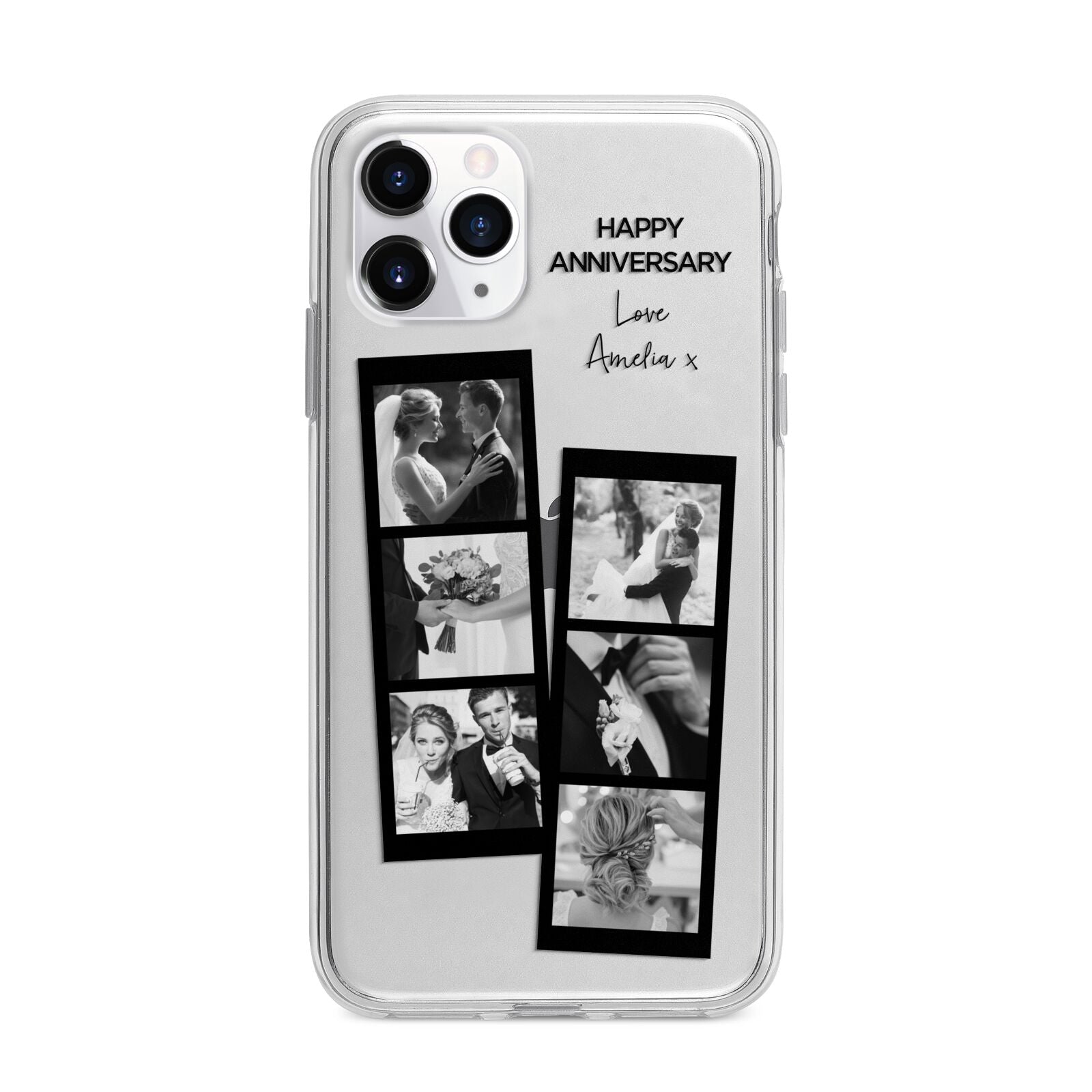 Monochrome Anniversary Photo Strip with Name Apple iPhone 11 Pro in Silver with Bumper Case