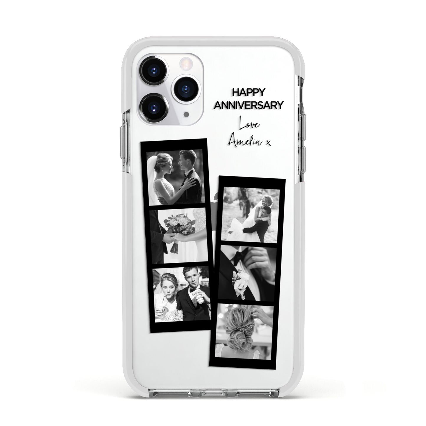 Monochrome Anniversary Photo Strip with Name Apple iPhone 11 Pro in Silver with White Impact Case