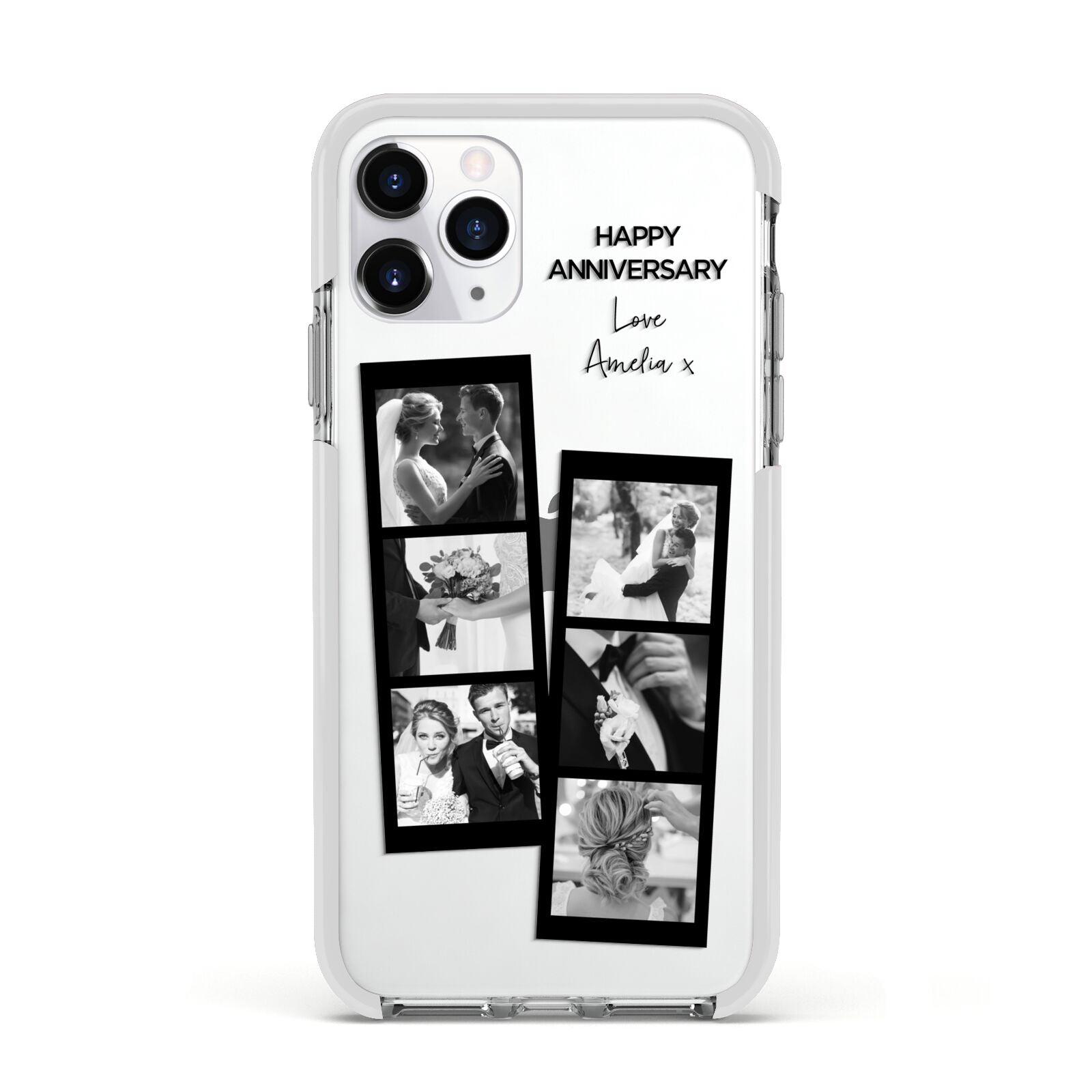 Monochrome Anniversary Photo Strip with Name Apple iPhone 11 Pro in Silver with White Impact Case