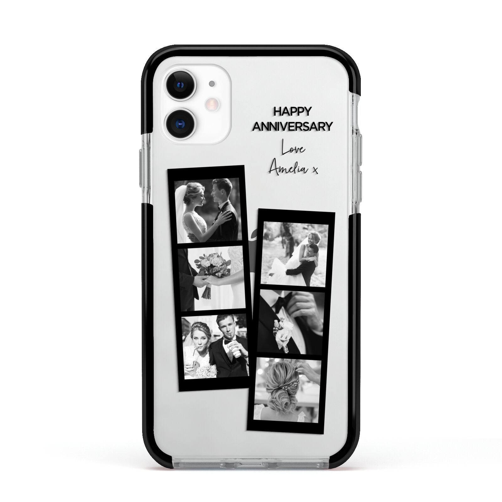 Monochrome Anniversary Photo Strip with Name Apple iPhone 11 in White with Black Impact Case