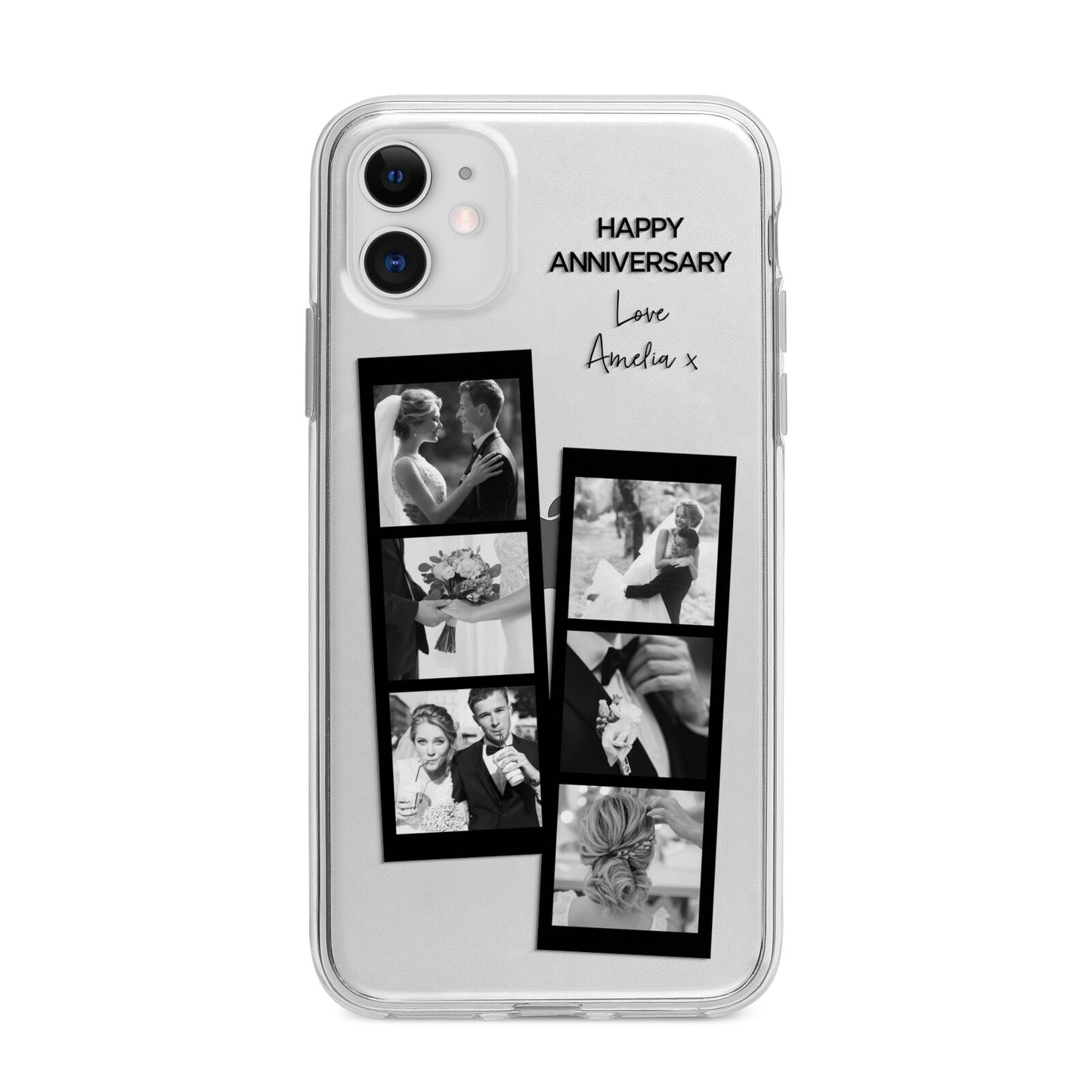 Monochrome Anniversary Photo Strip with Name Apple iPhone 11 in White with Bumper Case
