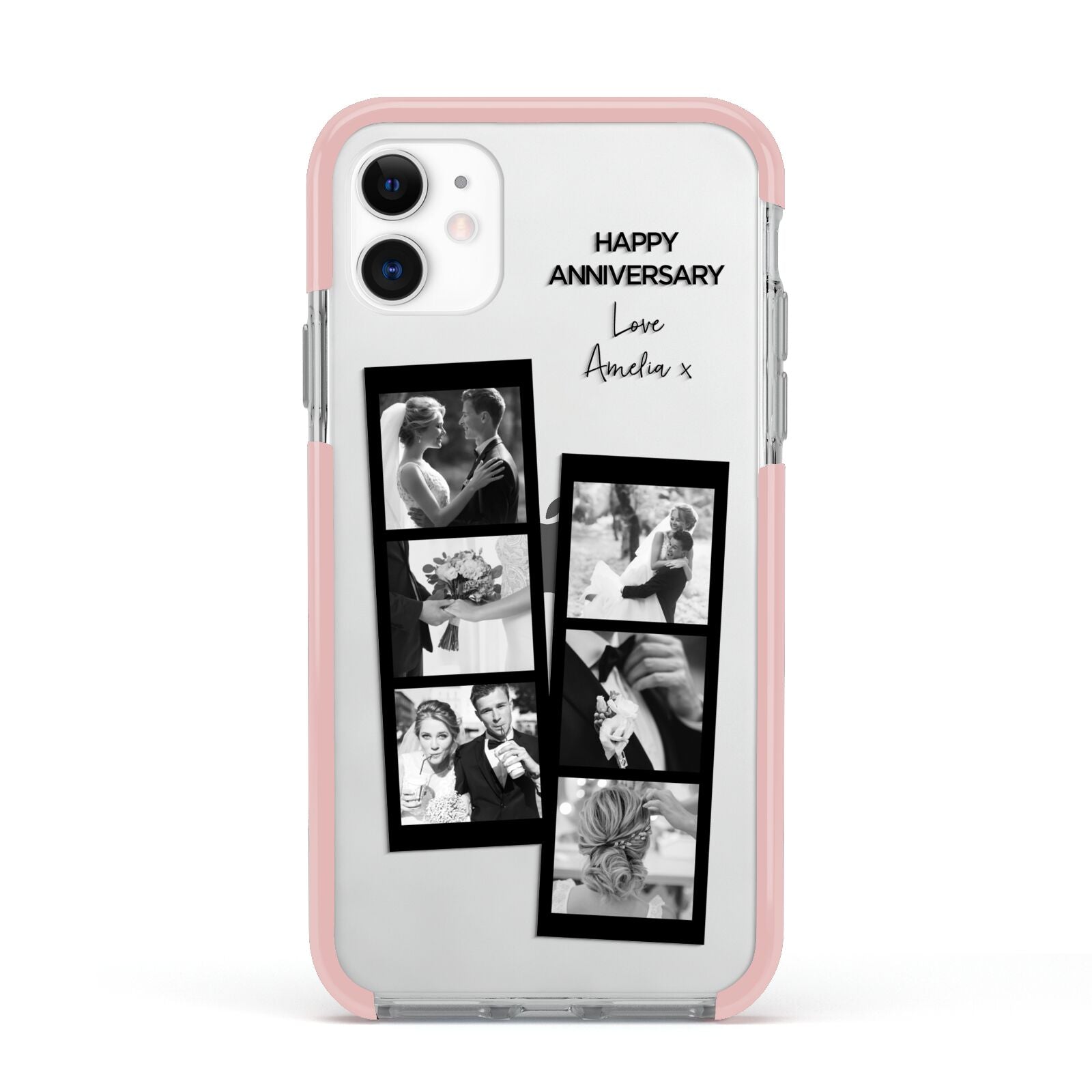 Monochrome Anniversary Photo Strip with Name Apple iPhone 11 in White with Pink Impact Case