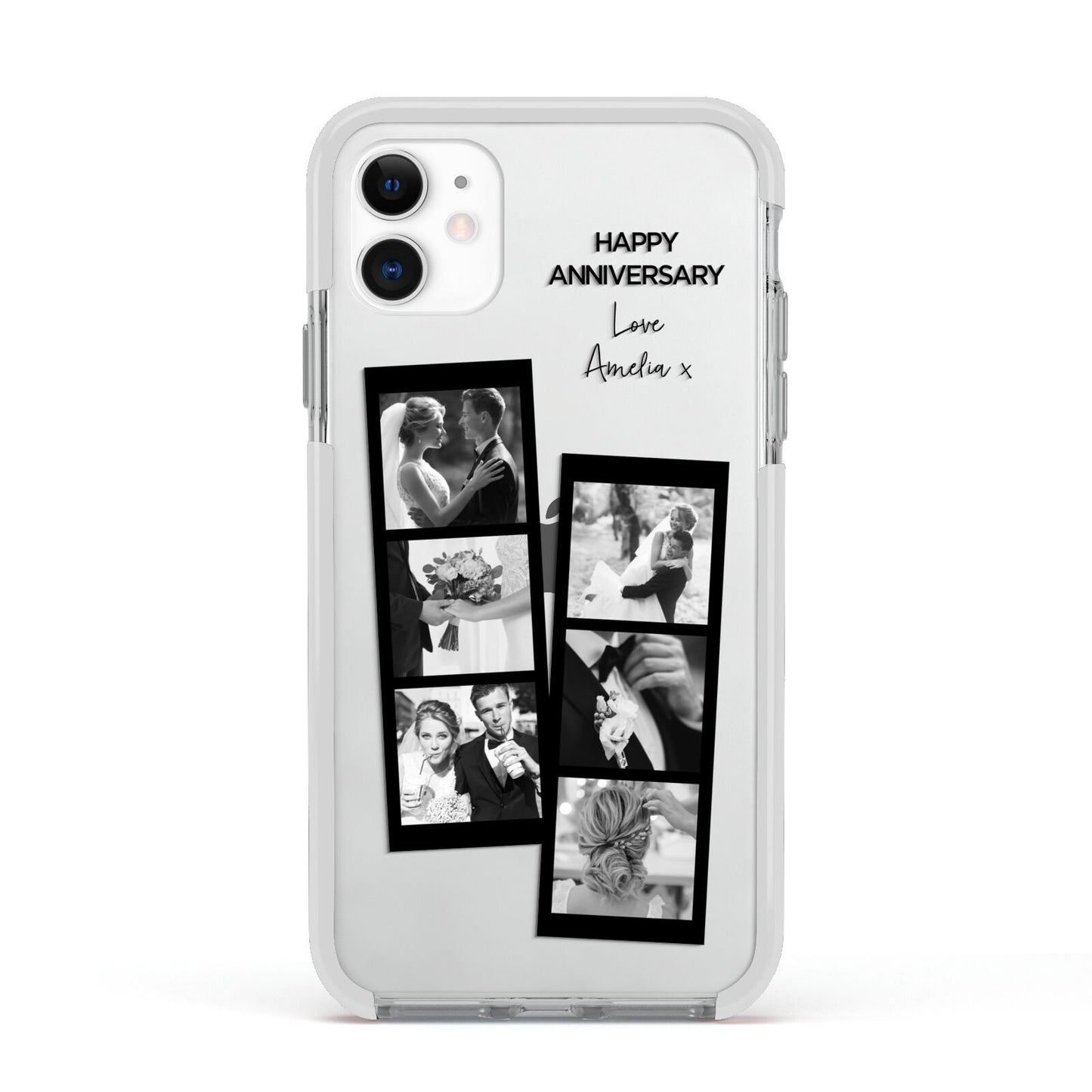 Monochrome Anniversary Photo Strip with Name Apple iPhone 11 in White with White Impact Case