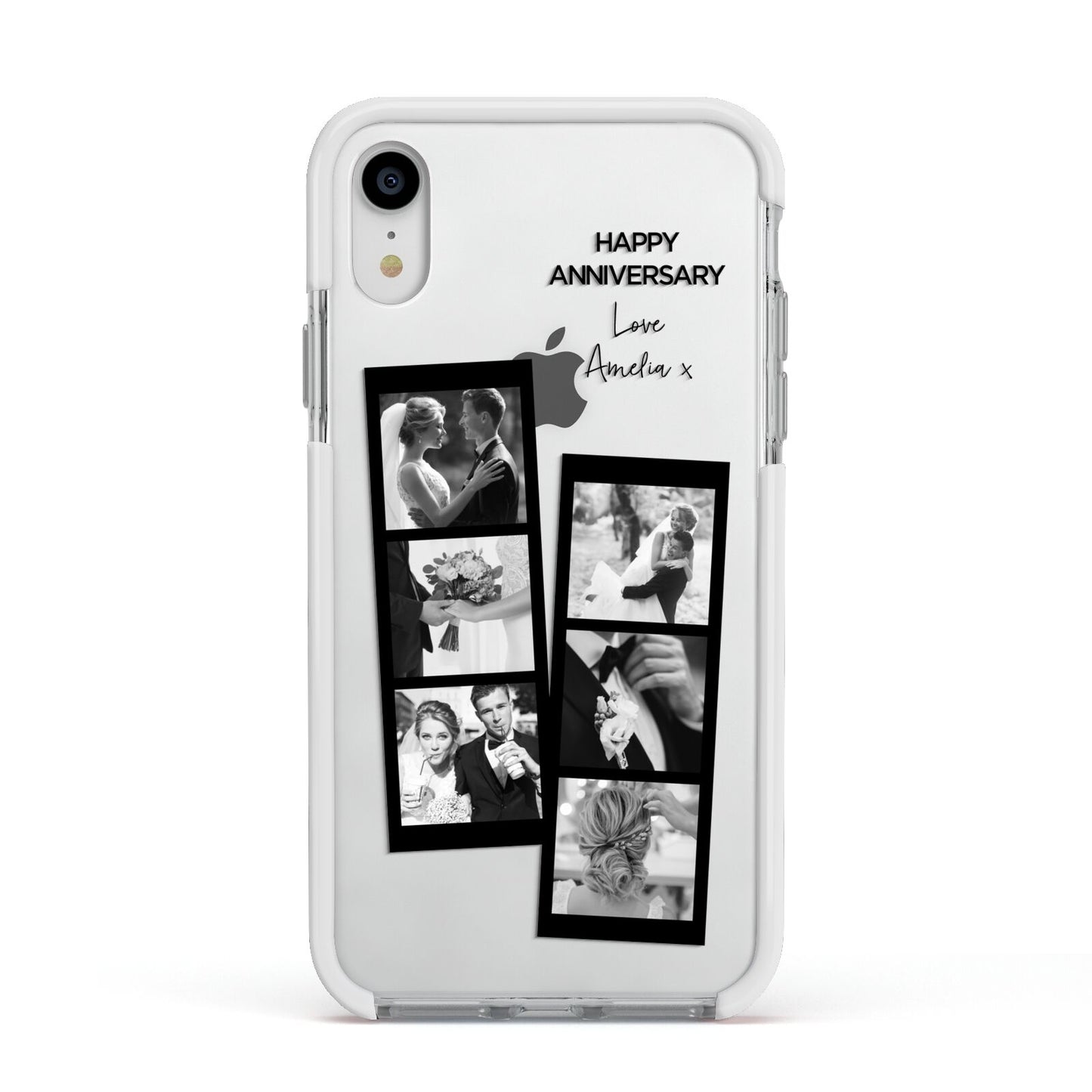 Monochrome Anniversary Photo Strip with Name Apple iPhone XR Impact Case White Edge on Silver Phone
