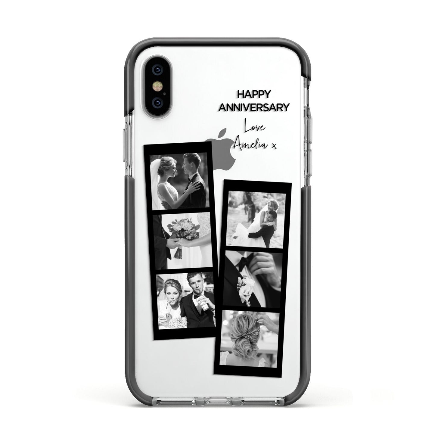 Monochrome Anniversary Photo Strip with Name Apple iPhone Xs Impact Case Black Edge on Silver Phone
