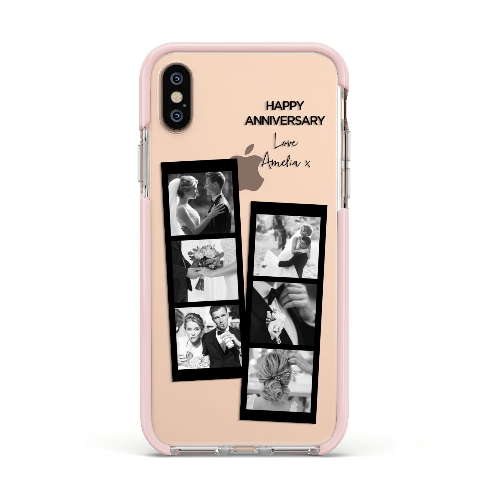 Monochrome Anniversary Photo Strip with Name Apple iPhone Xs Impact Case Pink Edge on Gold Phone