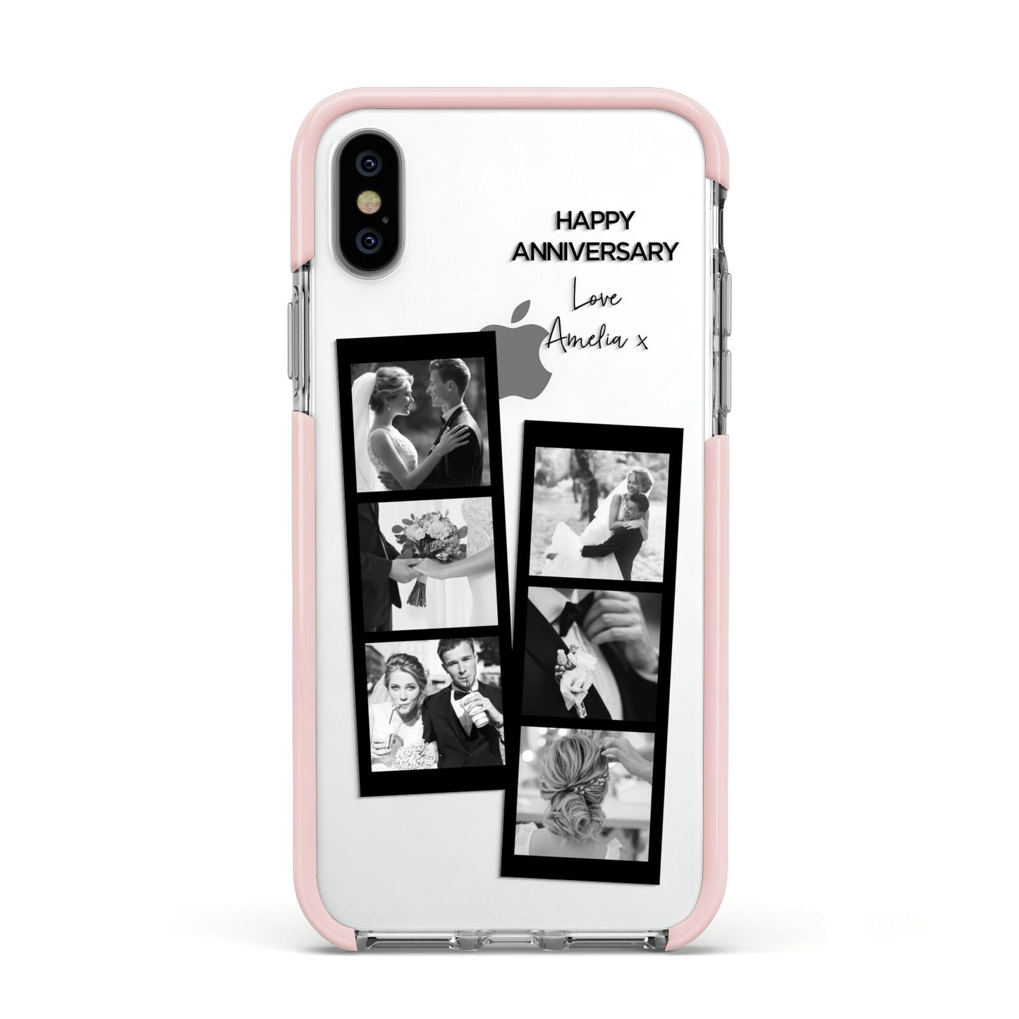 Monochrome Anniversary Photo Strip with Name Apple iPhone Xs Impact Case Pink Edge on Silver Phone