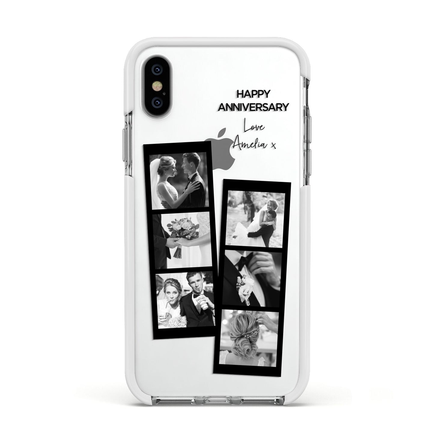 Monochrome Anniversary Photo Strip with Name Apple iPhone Xs Impact Case White Edge on Silver Phone