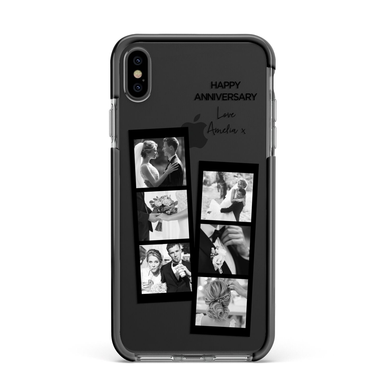 Monochrome Anniversary Photo Strip with Name Apple iPhone Xs Max Impact Case Black Edge on Black Phone