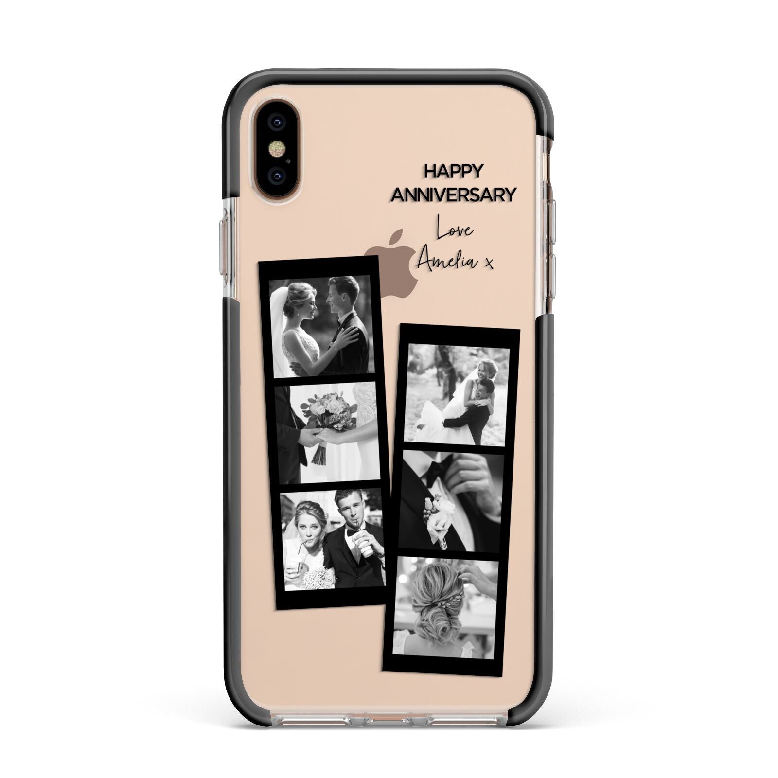 Monochrome Anniversary Photo Strip with Name Apple iPhone Xs Max Impact Case Black Edge on Gold Phone