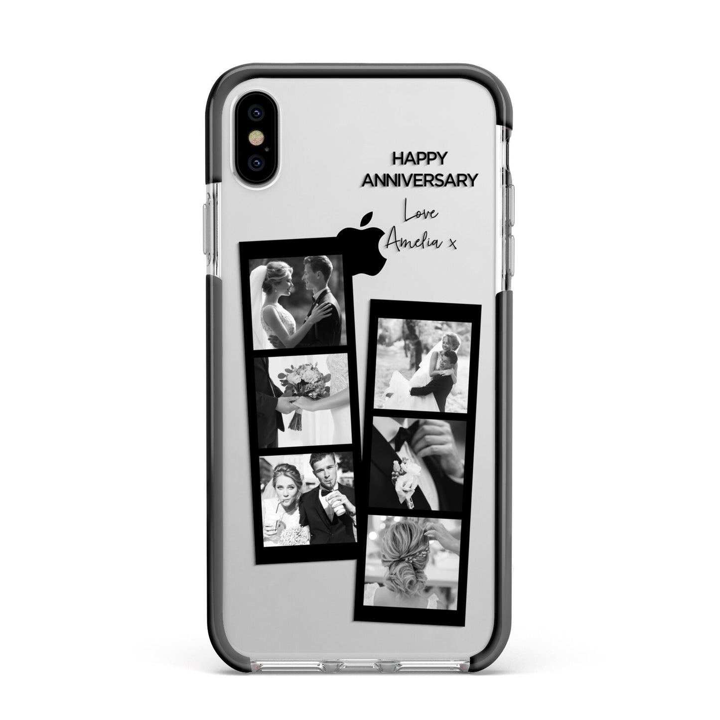 Monochrome Anniversary Photo Strip with Name Apple iPhone Xs Max Impact Case Black Edge on Silver Phone