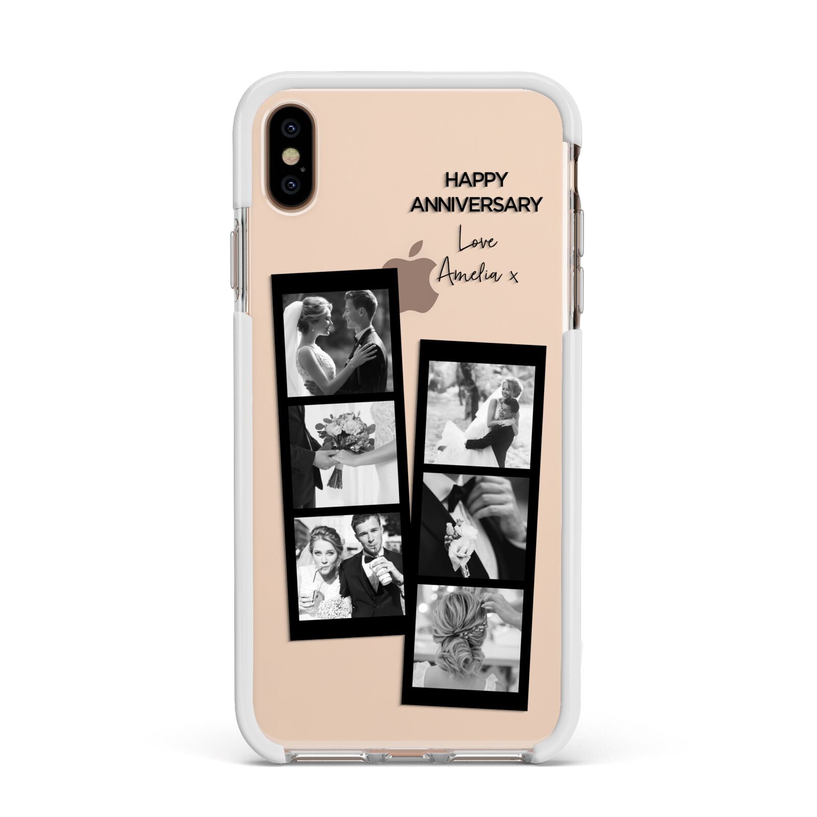 Monochrome Anniversary Photo Strip with Name Apple iPhone Xs Max Impact Case White Edge on Gold Phone