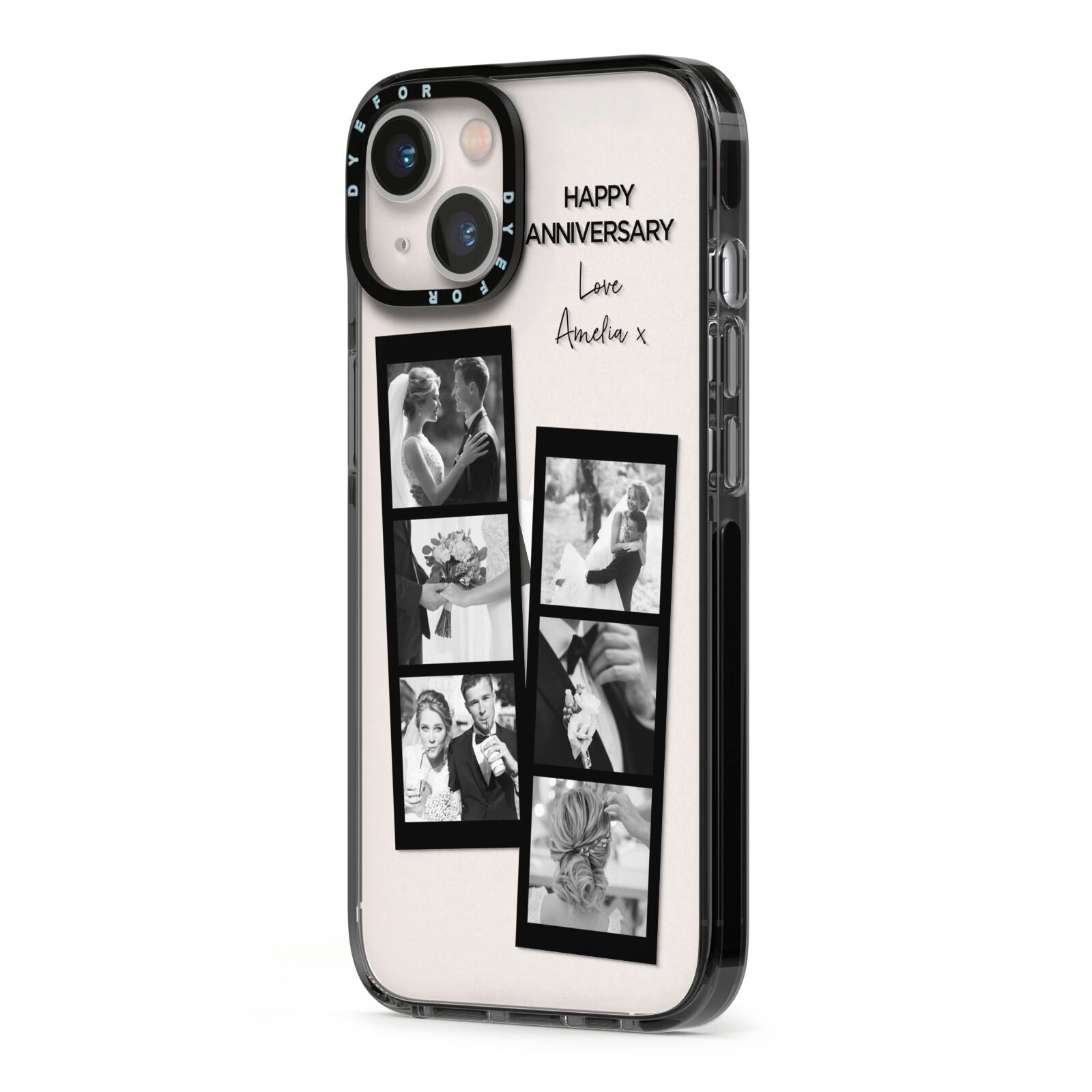 Monochrome Anniversary Photo Strip with Name iPhone 13 Black Impact Case Side Angle on Silver phone