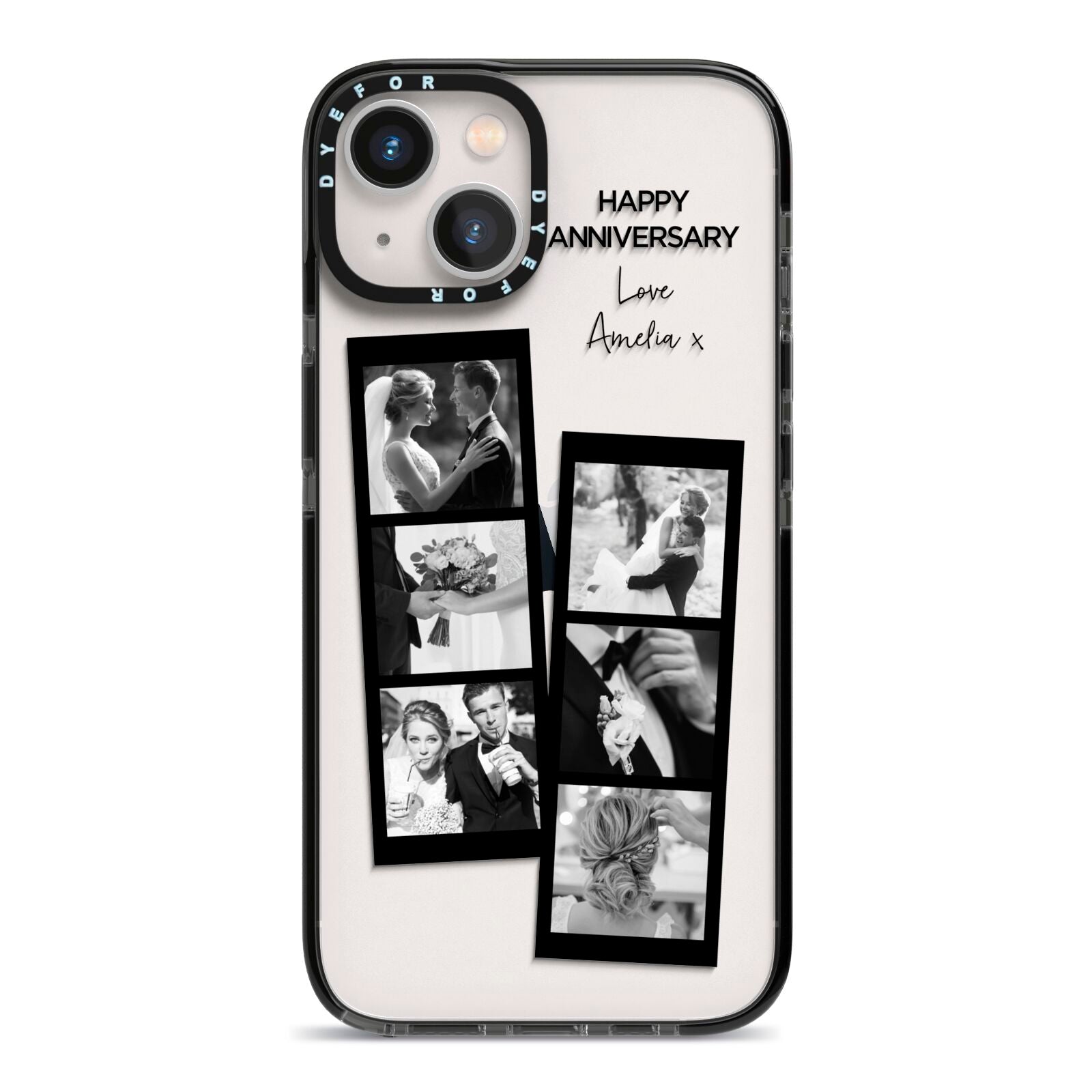 Monochrome Anniversary Photo Strip with Name iPhone 13 Black Impact Case on Silver phone