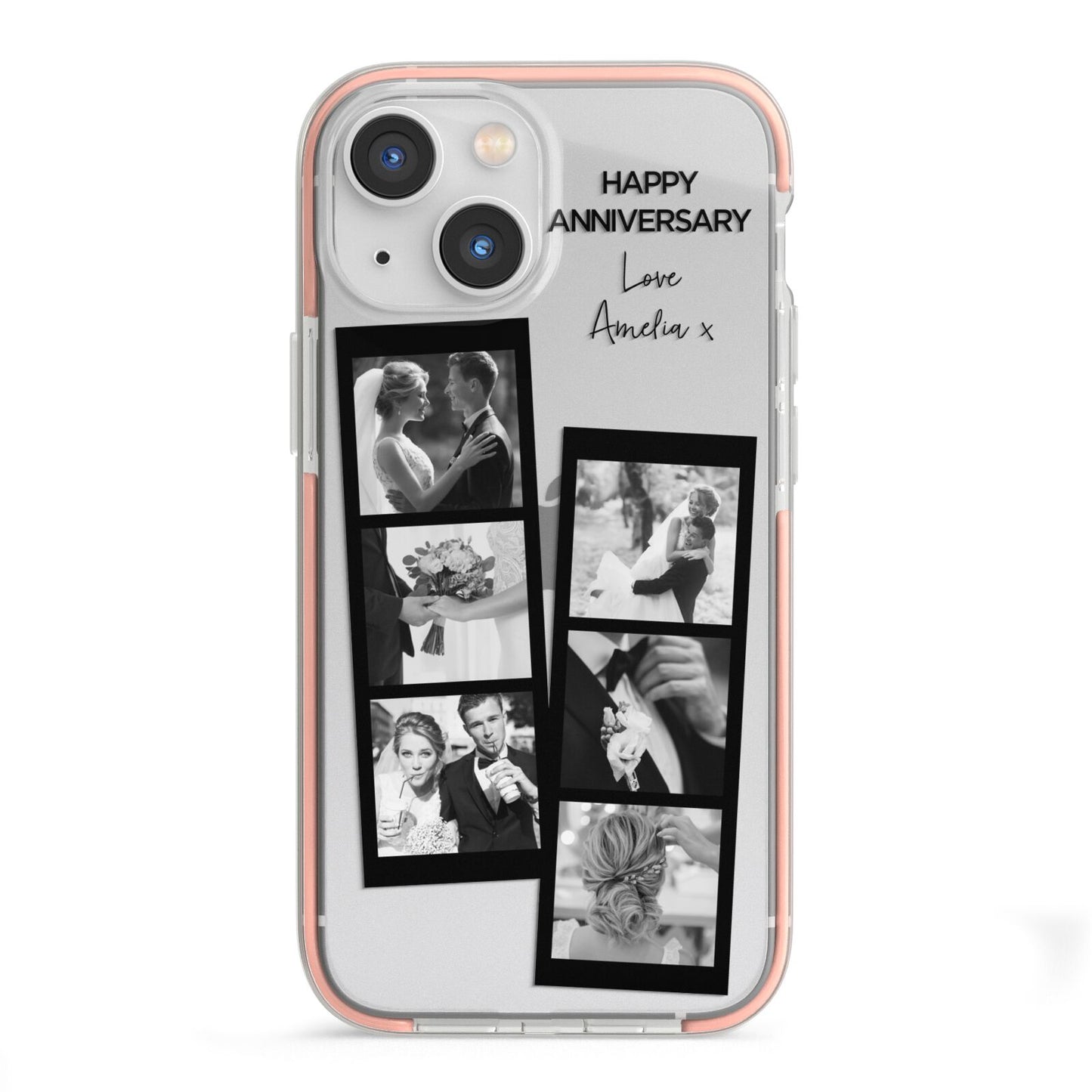 Monochrome Anniversary Photo Strip with Name iPhone 13 Mini TPU Impact Case with Pink Edges