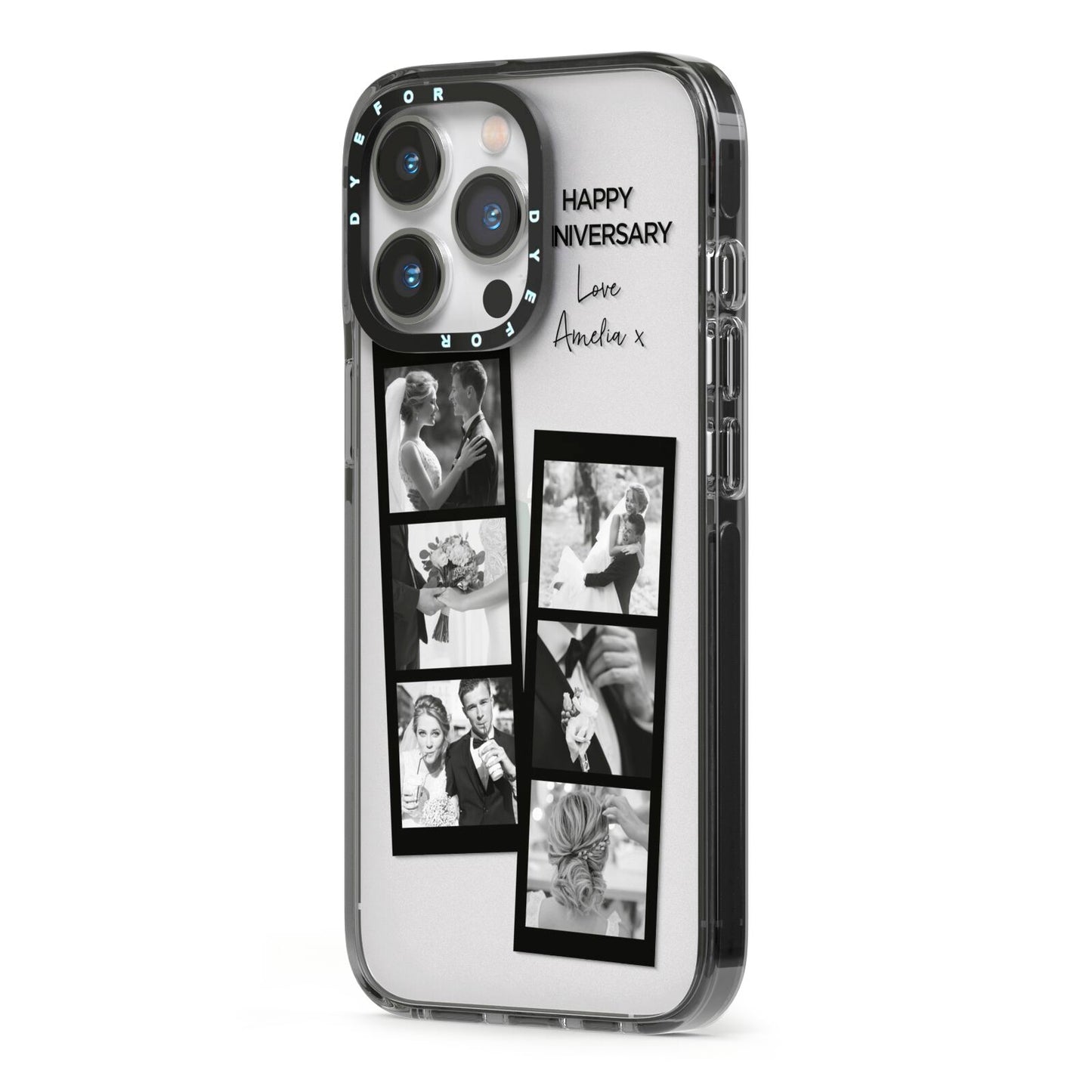 Monochrome Anniversary Photo Strip with Name iPhone 13 Pro Black Impact Case Side Angle on Silver phone
