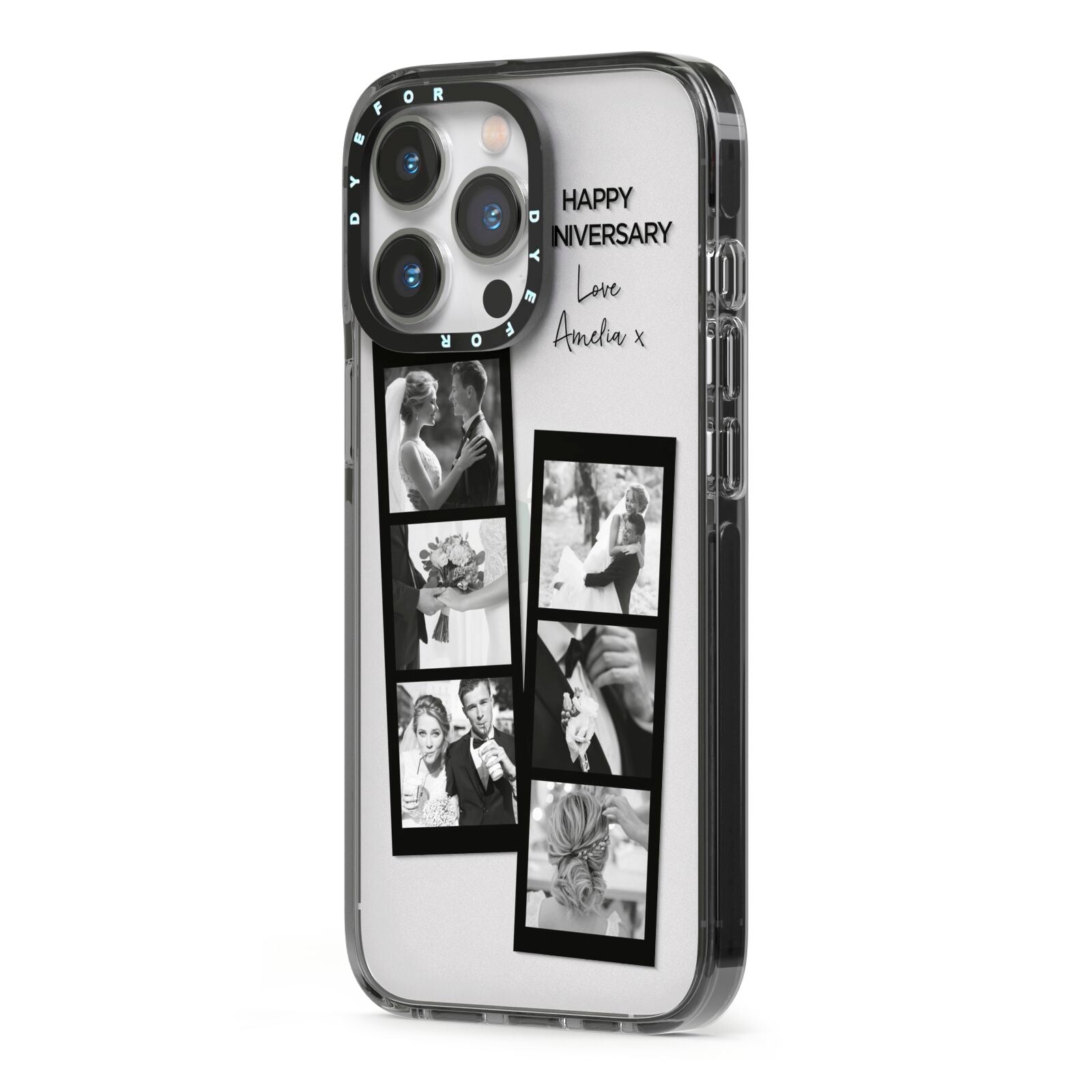 Monochrome Anniversary Photo Strip with Name iPhone 13 Pro Black Impact Case Side Angle on Silver phone