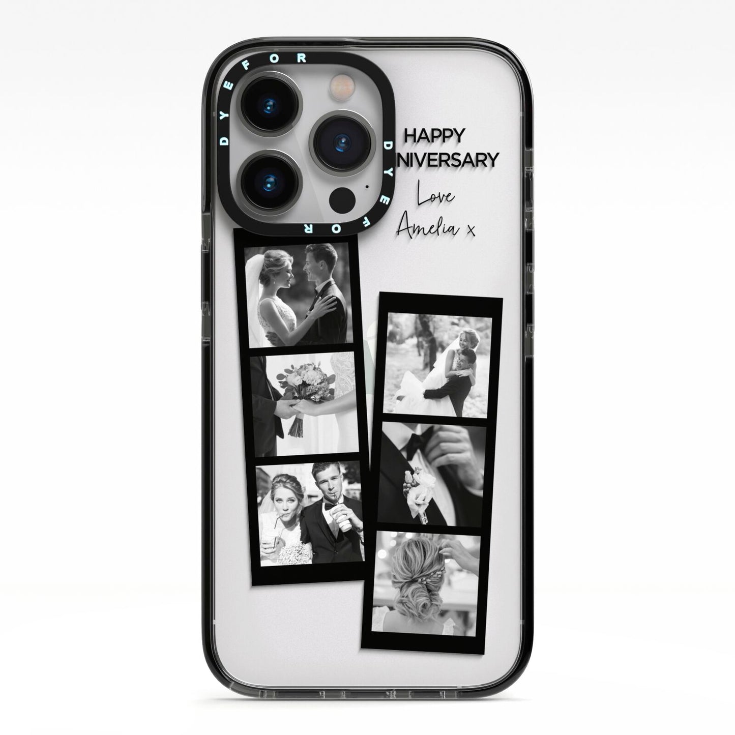 Monochrome Anniversary Photo Strip with Name iPhone 13 Pro Black Impact Case on Silver phone