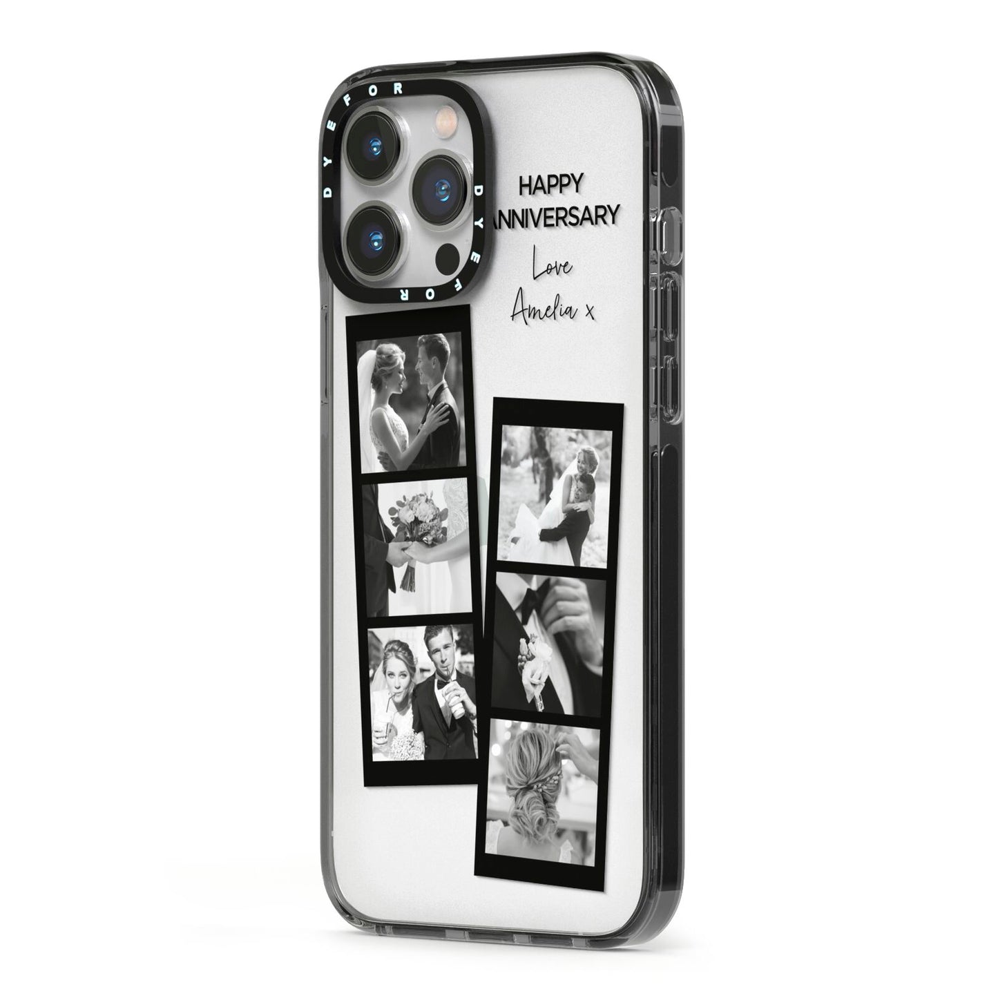 Monochrome Anniversary Photo Strip with Name iPhone 13 Pro Max Black Impact Case Side Angle on Silver phone