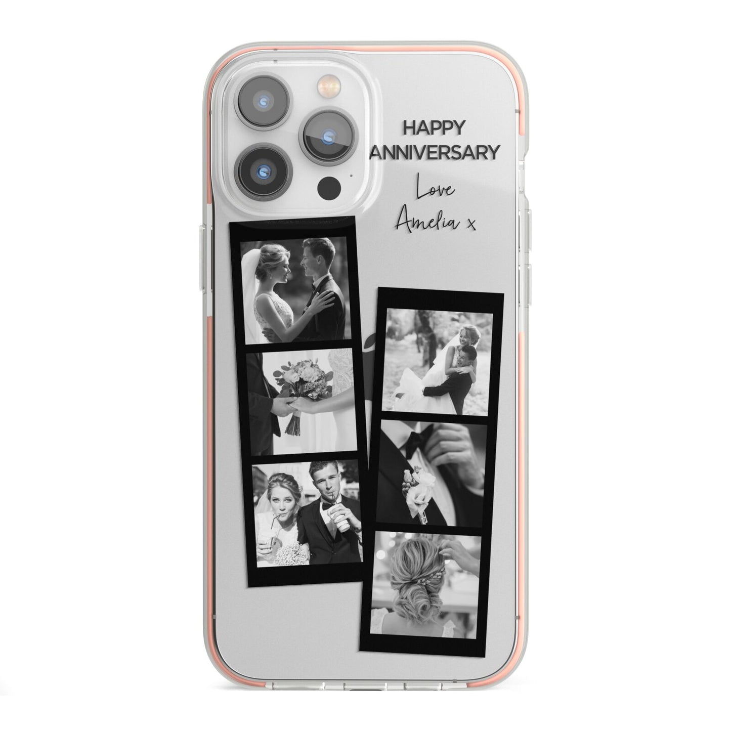 Monochrome Anniversary Photo Strip with Name iPhone 13 Pro Max TPU Impact Case with Pink Edges