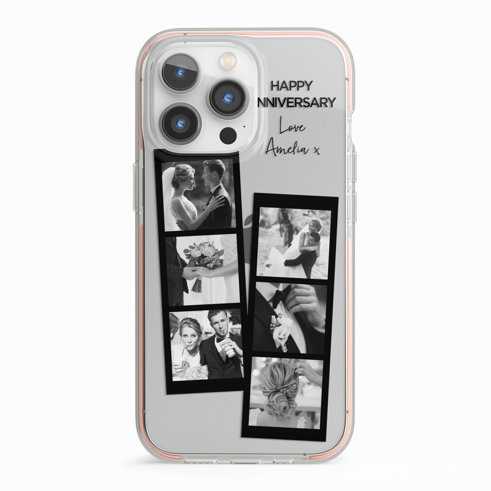 Monochrome Anniversary Photo Strip with Name iPhone 13 Pro TPU Impact Case with Pink Edges