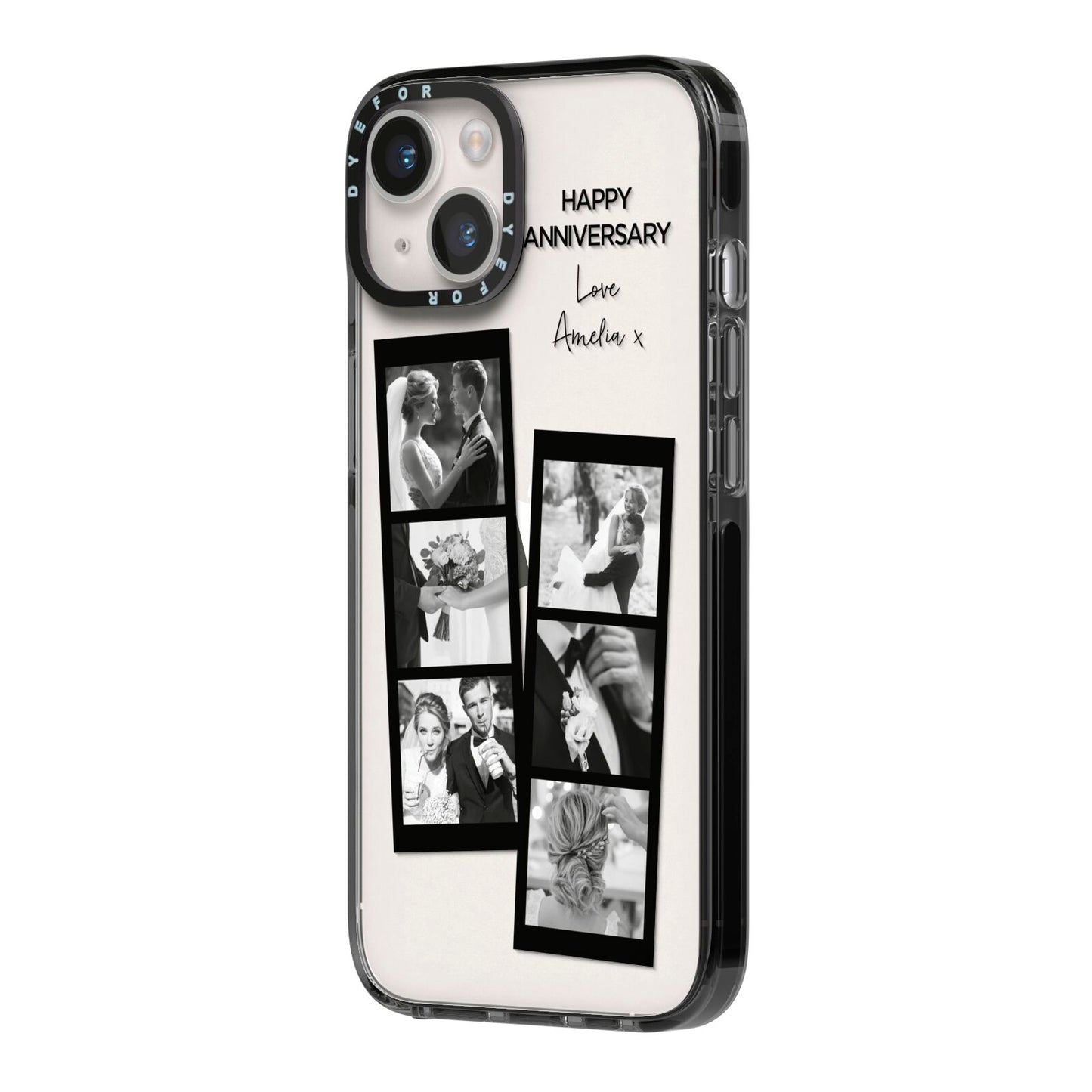Monochrome Anniversary Photo Strip with Name iPhone 14 Black Impact Case Side Angle on Silver phone