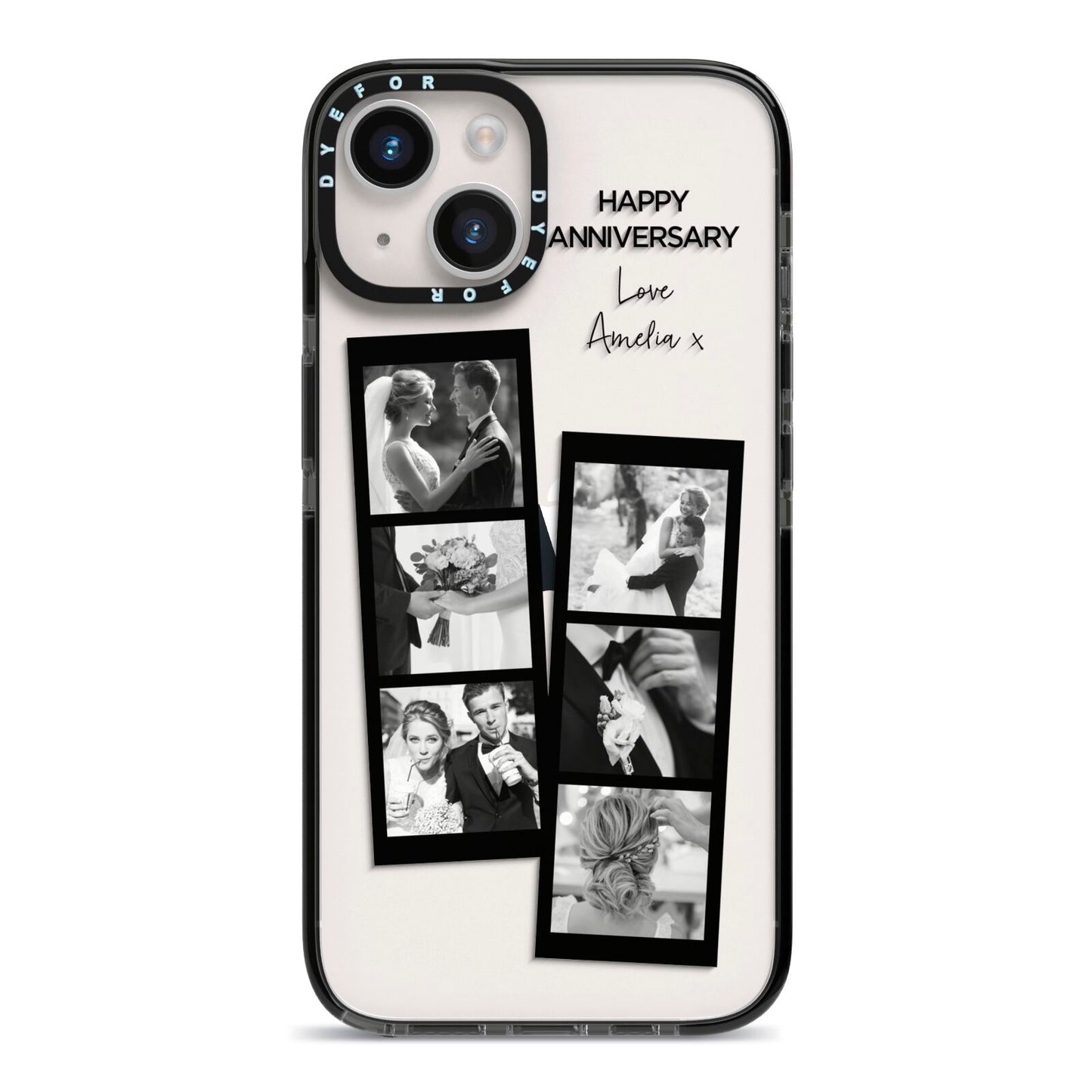 Monochrome Anniversary Photo Strip with Name iPhone 14 Black Impact Case on Silver phone