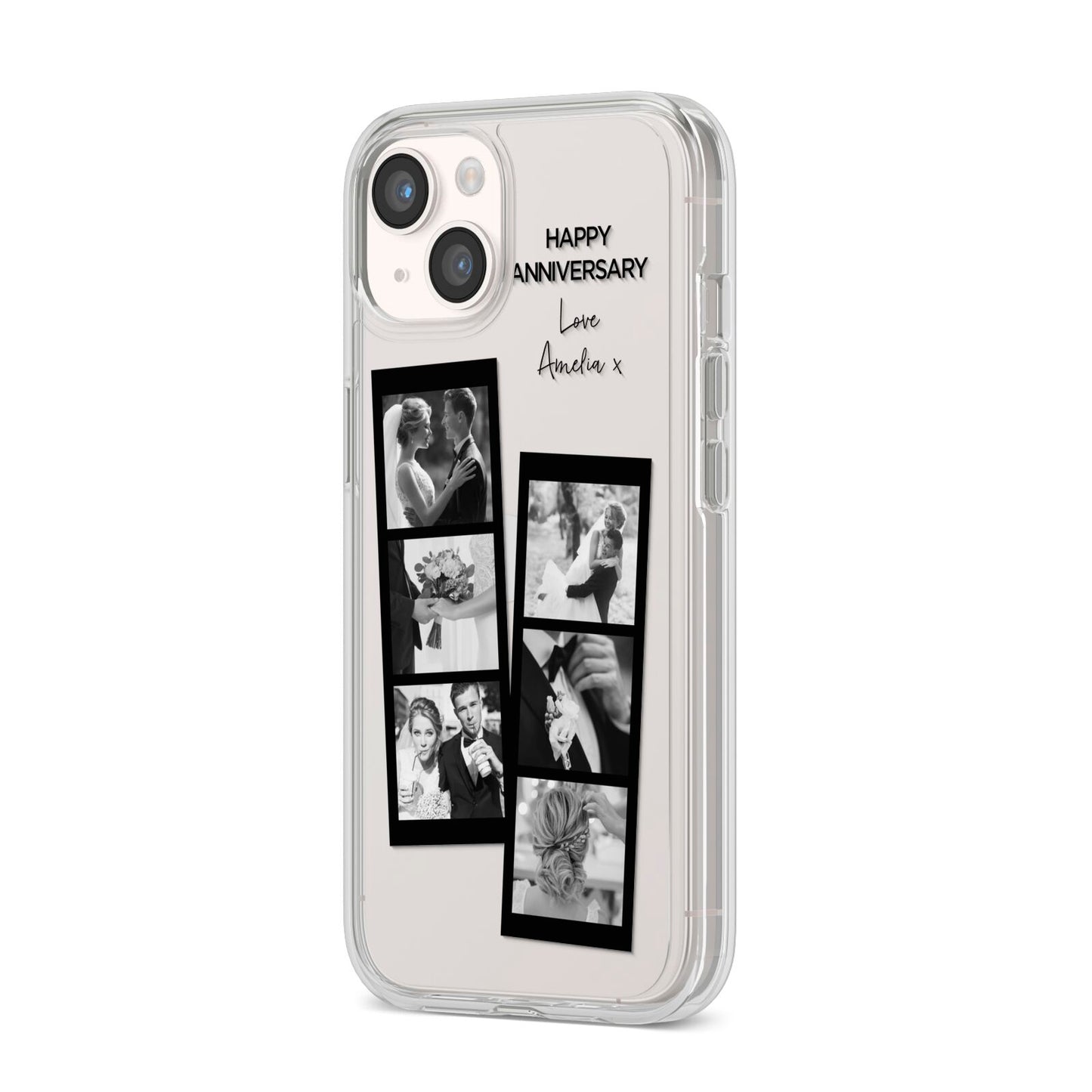 Monochrome Anniversary Photo Strip with Name iPhone 14 Clear Tough Case Starlight Angled Image